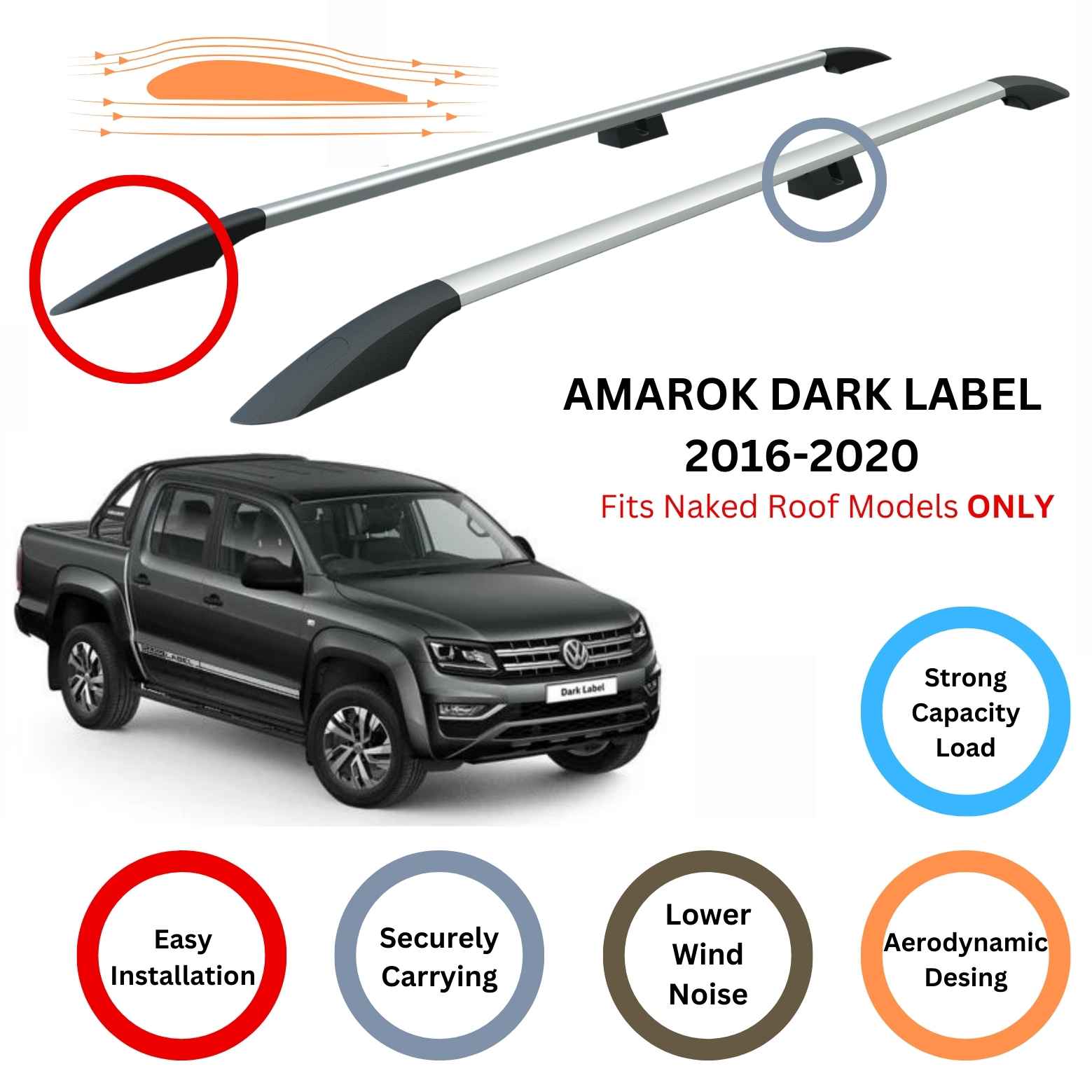 For Volkswagen Amarok Dark Label 2016-20 Roof Side Rails Cross Bar Alu Silver - 0
