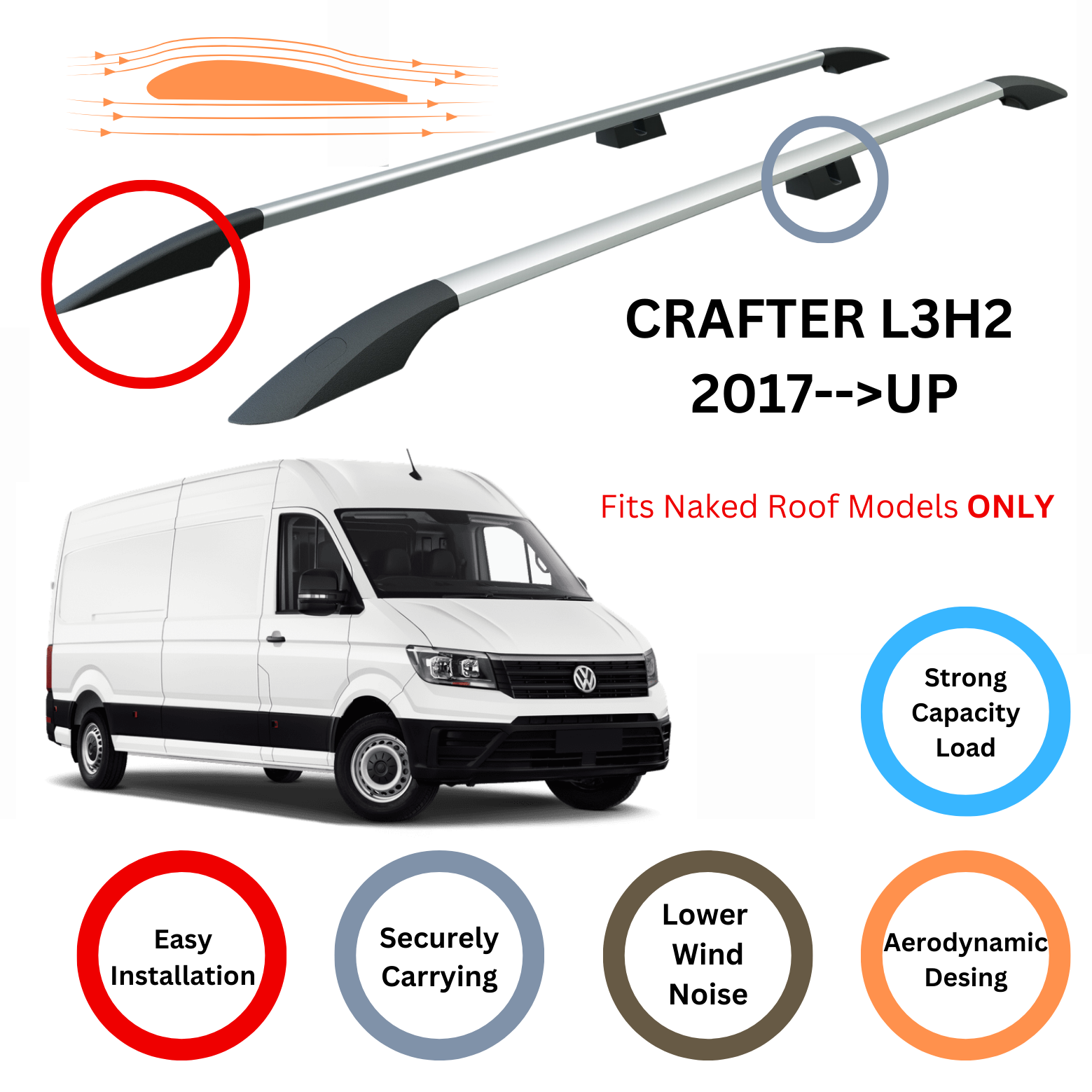 For Volkswagen Crafter L3H2 2017-Up Roof Side Rails Ultimate Style Alu Silver
