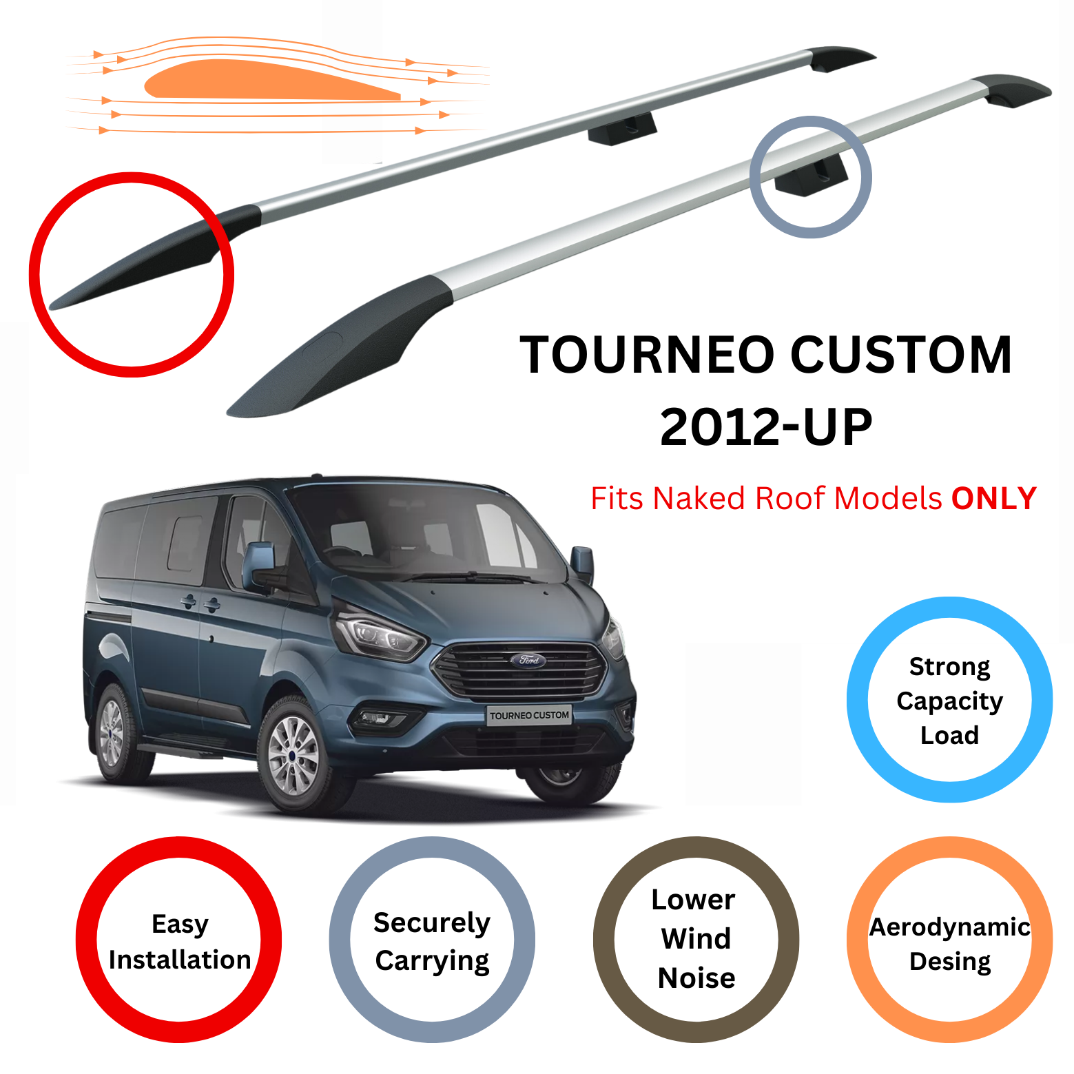 For Ford Tourneo Custom 2012-Up Roof Side Rails Ultimate Style Alu Silver