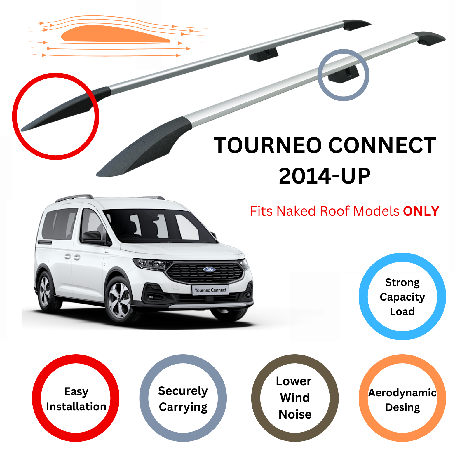 For Ford Tourneo Connect LWB Roof Side Rails and Roof Rack Cross Bars Alu Silver 2014-Up - 0
