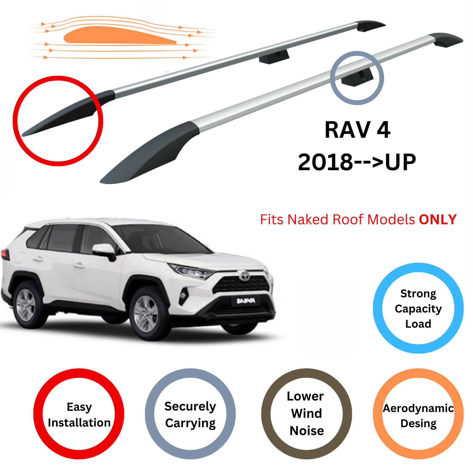 For Toyota RAV4 2018-Up Roof Side Rails Ultimate Style Alu Silver