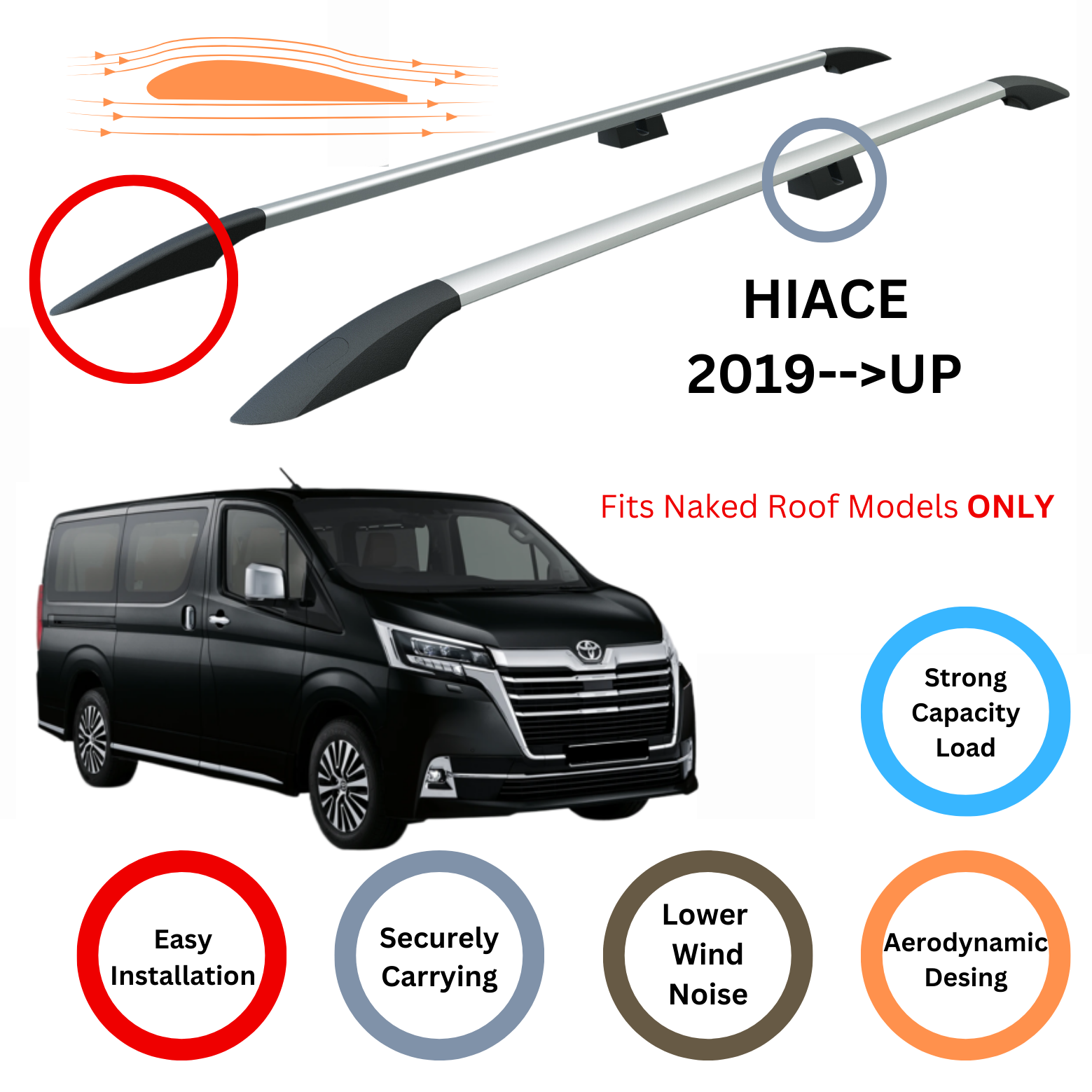 For Toyota Hiace 2019-Up Roof Side Rails Ultimate Style Alu Silver - 0