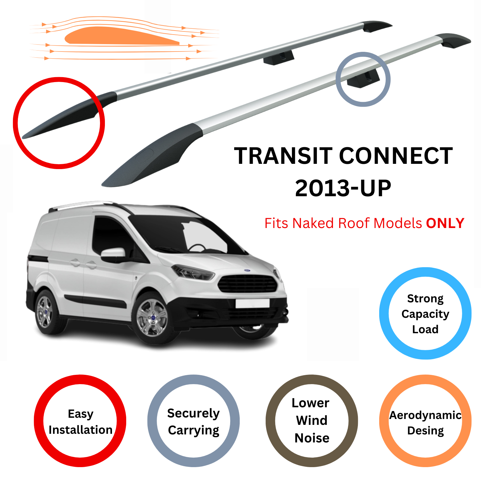 For Ford Transit Courier 2013-Up Roof Side Rails Ultimate Style Alu Silver - 0