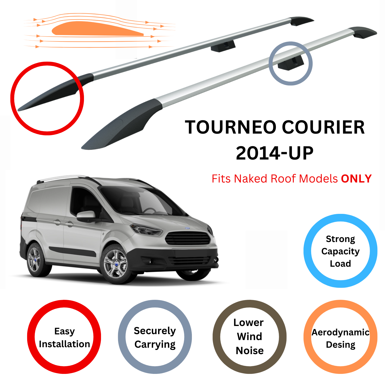 For Ford Tourneo Courier 2014-Up Roof Side Rails and Roof Rack Cross Bars Alu Silver