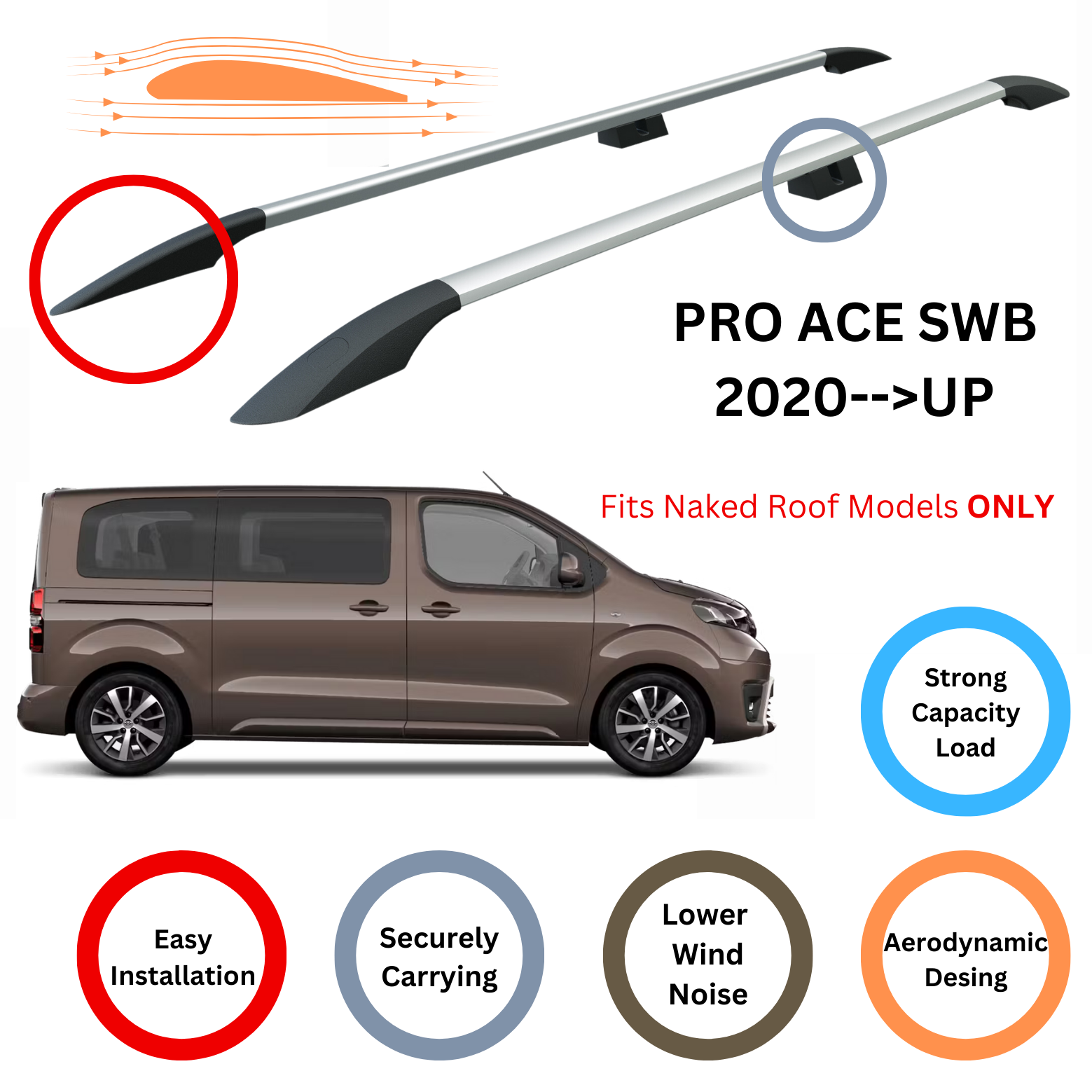 For Toyota ProAce City 2020-Up SWB Roof Side Rails and Roof Rack Cross Bar Alu Silver - 0