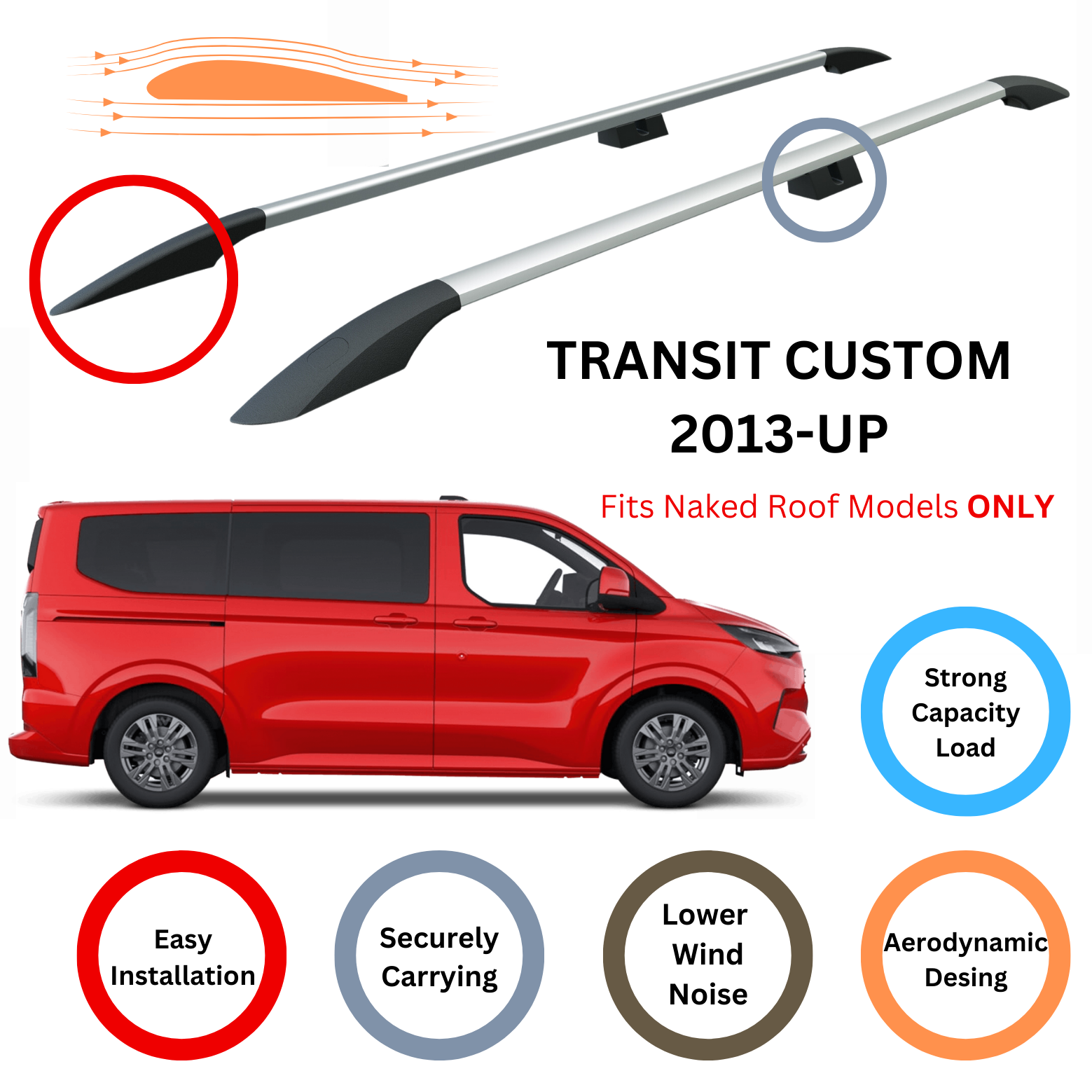 For Ford Transit Custom LWB 2013-Up Roof Side Rails and Roof Rack Cross Bar Alu Silver - 0