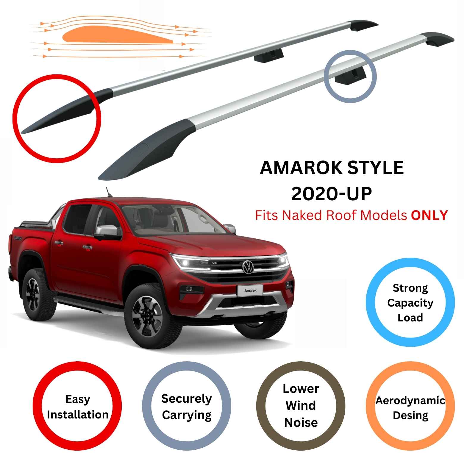 For Volkswagen Amarok Style 2020-Up Roof Side Rails and Roof Rack Cross Bar Alu Silver