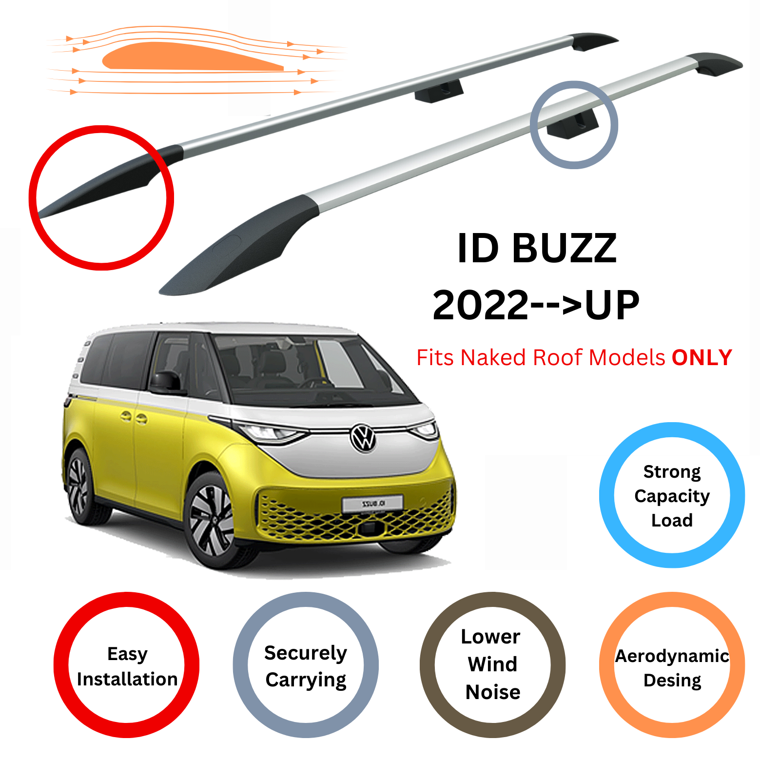 For Volkswagen ID Buzz 2022- Up Roof Side Rails and Roof Rack Cross Bars Alu Silver - 0
