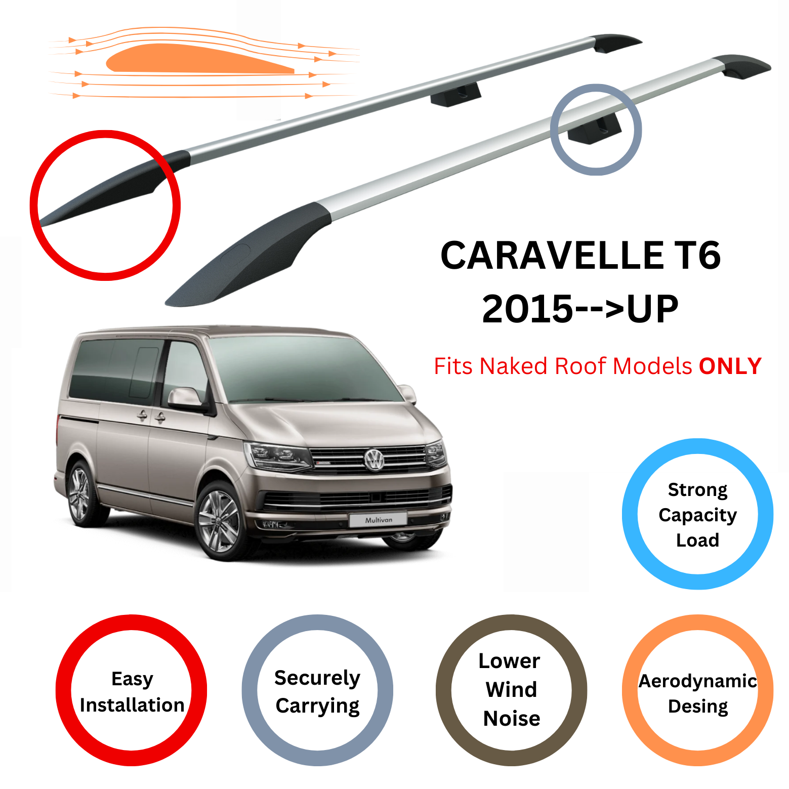 For Volkswagen Caravelle 2015-Up Roof Side Rails and Roof Rack Cross Bars Alu Silver