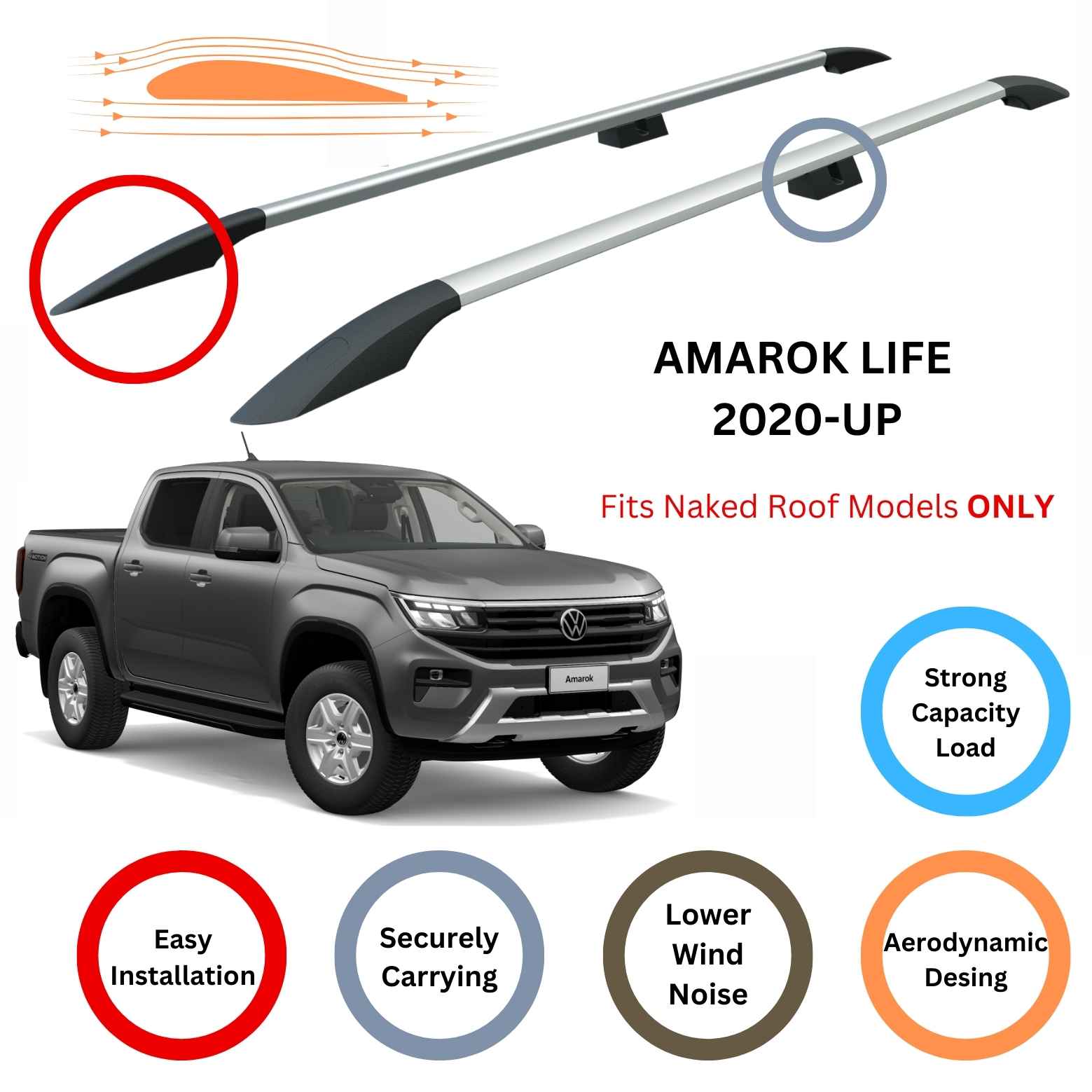 For Volkswagen Amarok Life 2020-Up Roof Side Rails and Roof Rack Cross Bar Alu Silver - 0