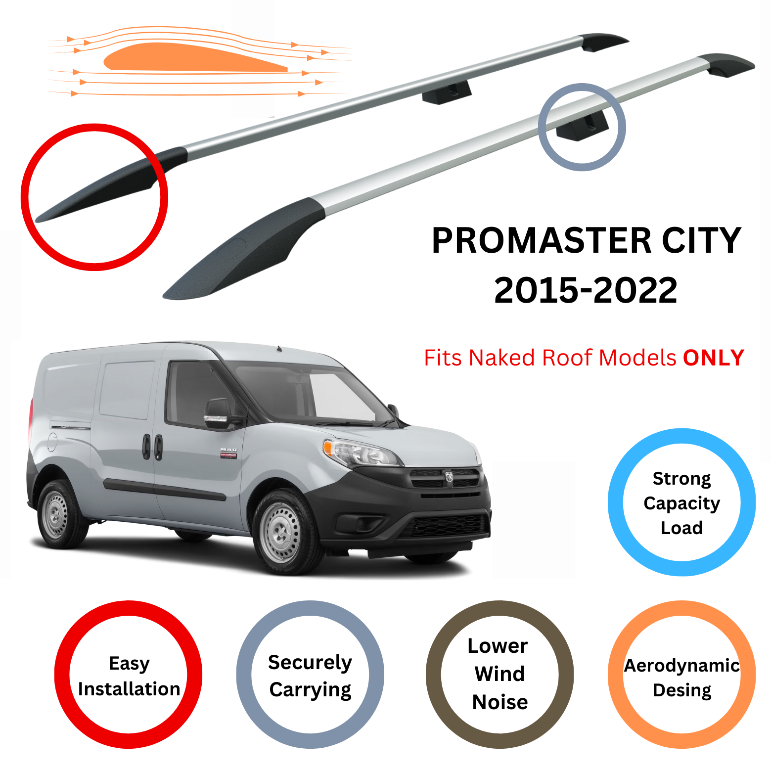 For Chevrolet Promaster City 2015-22 Roof Side Rails and Roof Rack Cross Bars Alu Silver