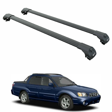 Black roof rack cross bars designed for a Subaru Baja, displayed above the vehicle.