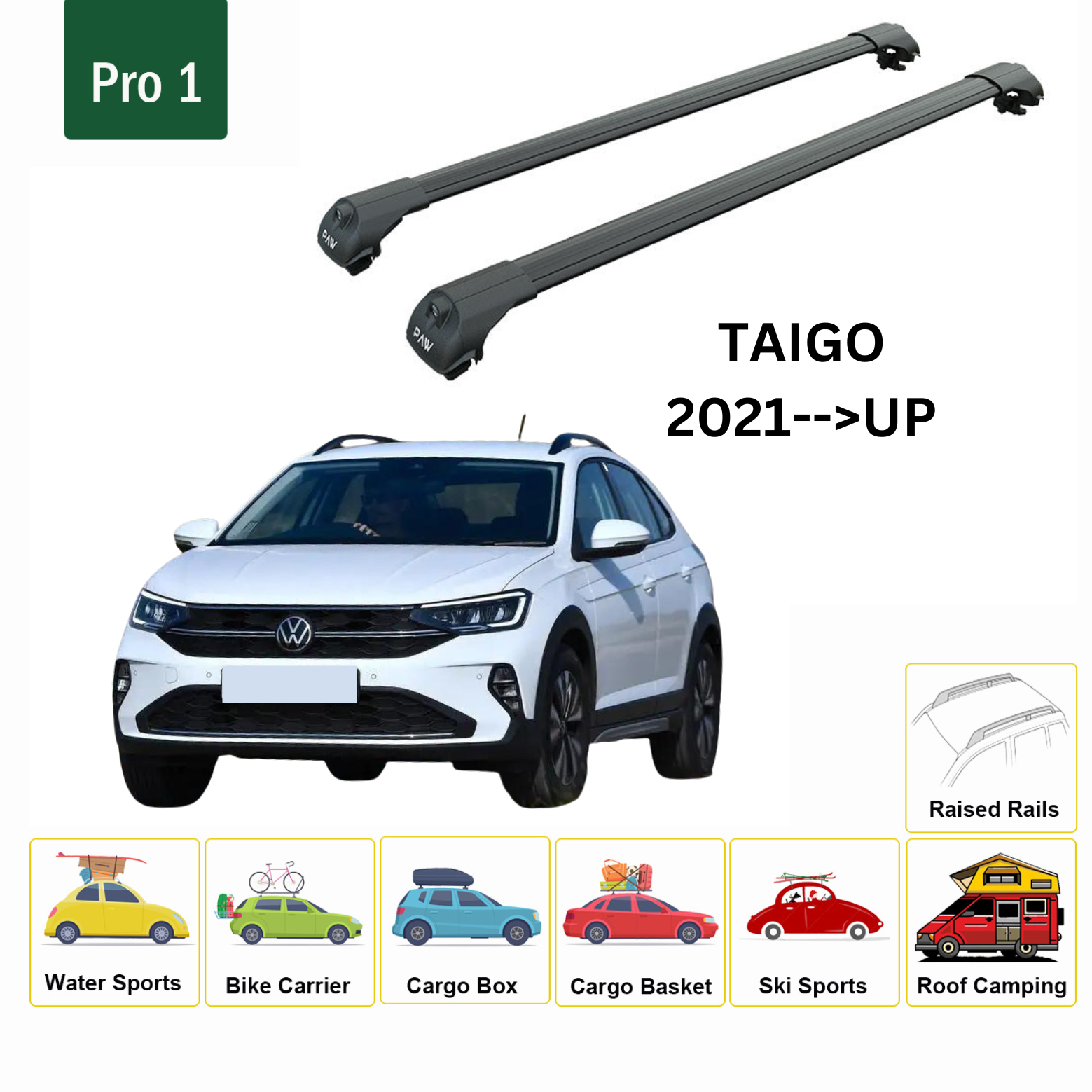 For Volkswagen Taigo 2021-Up Roof Rack Cross Bar Raised Rail Alu Black