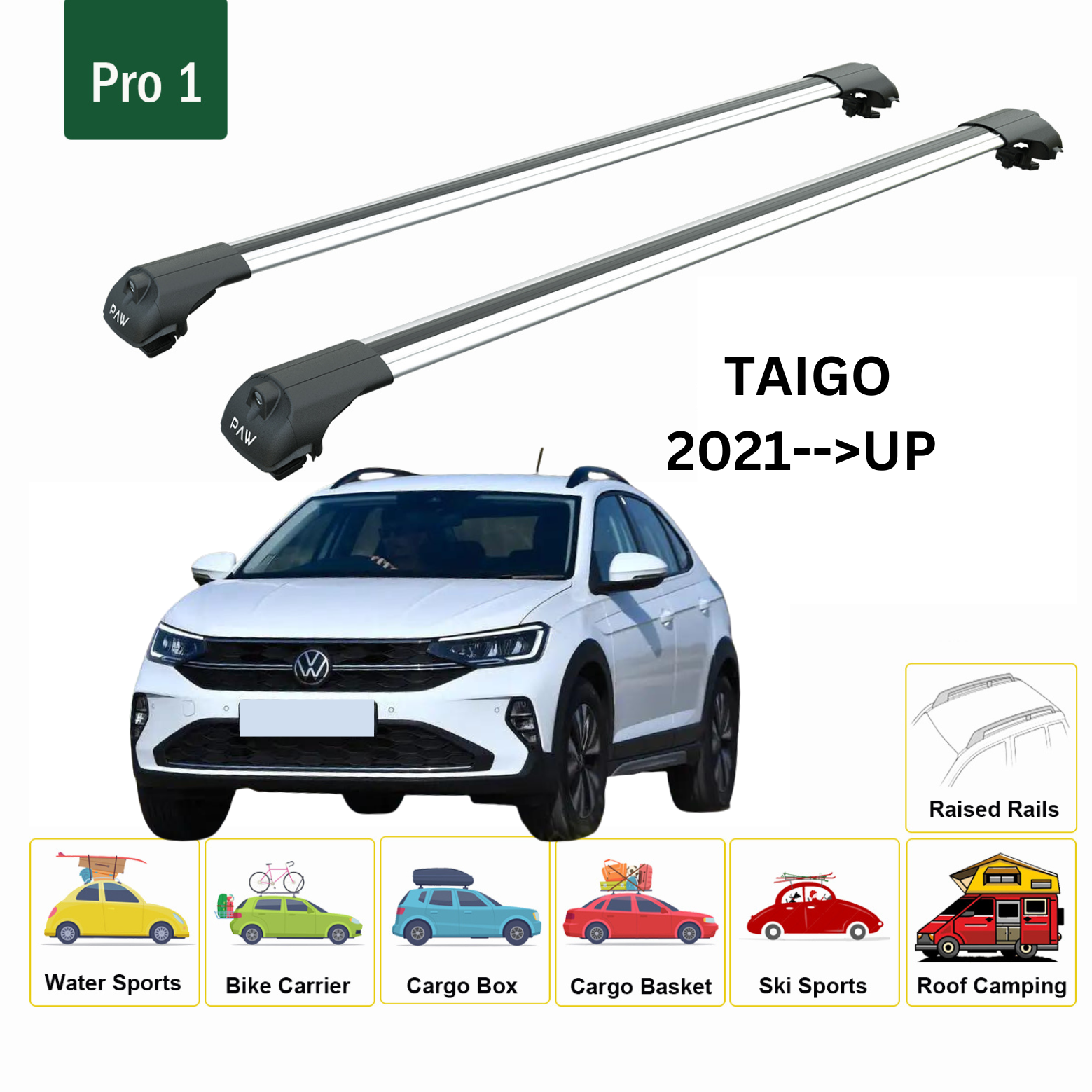 For Volkswagen Taigo 2021-Up Roof Rack Cross Bar Raised Rail Alu Silver - 0