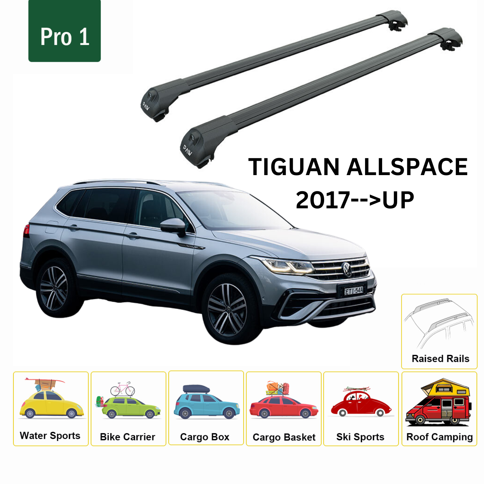 For Volkswagen Tiguan Allspace 2017-Up Roof Rack Cross Bar Raised Rail Alu Black