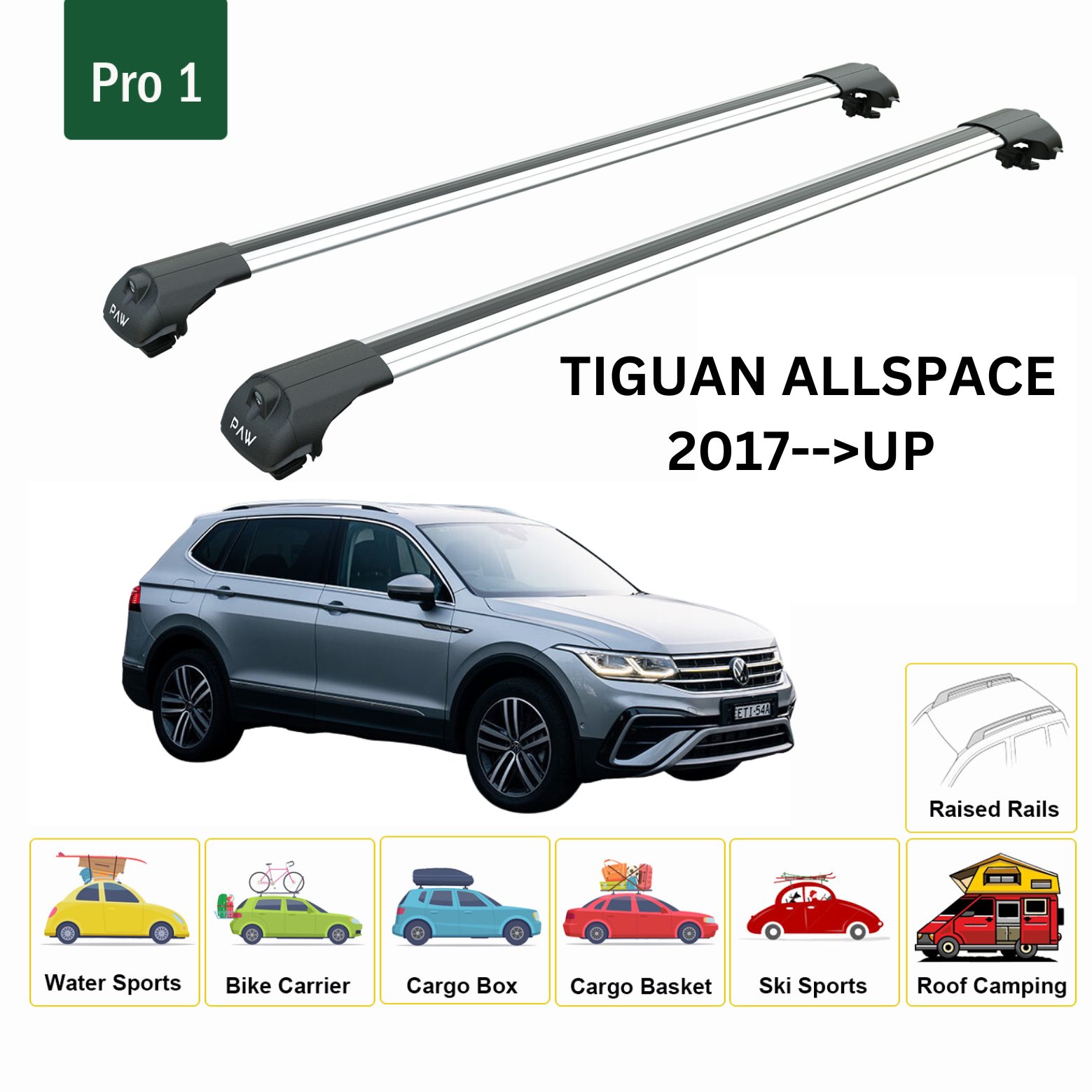 For Volkswagen Tiguan Allspace 2017-Up Roof Rack Cross Bar  Metal Bracket Raised Rail Alu Silver-2