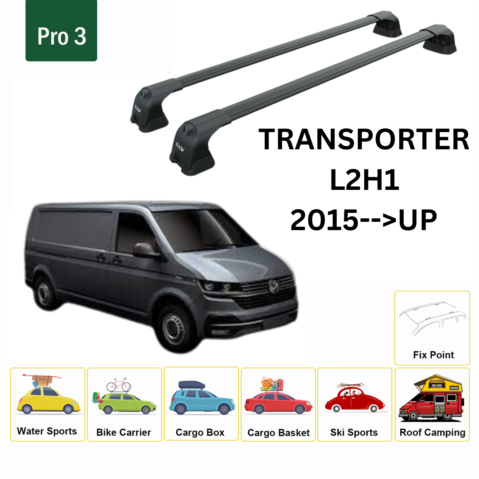 For Volkswagen Transporter T6 2015-Up Roof Rack Cross Bar Fix Point Alu Black - 0