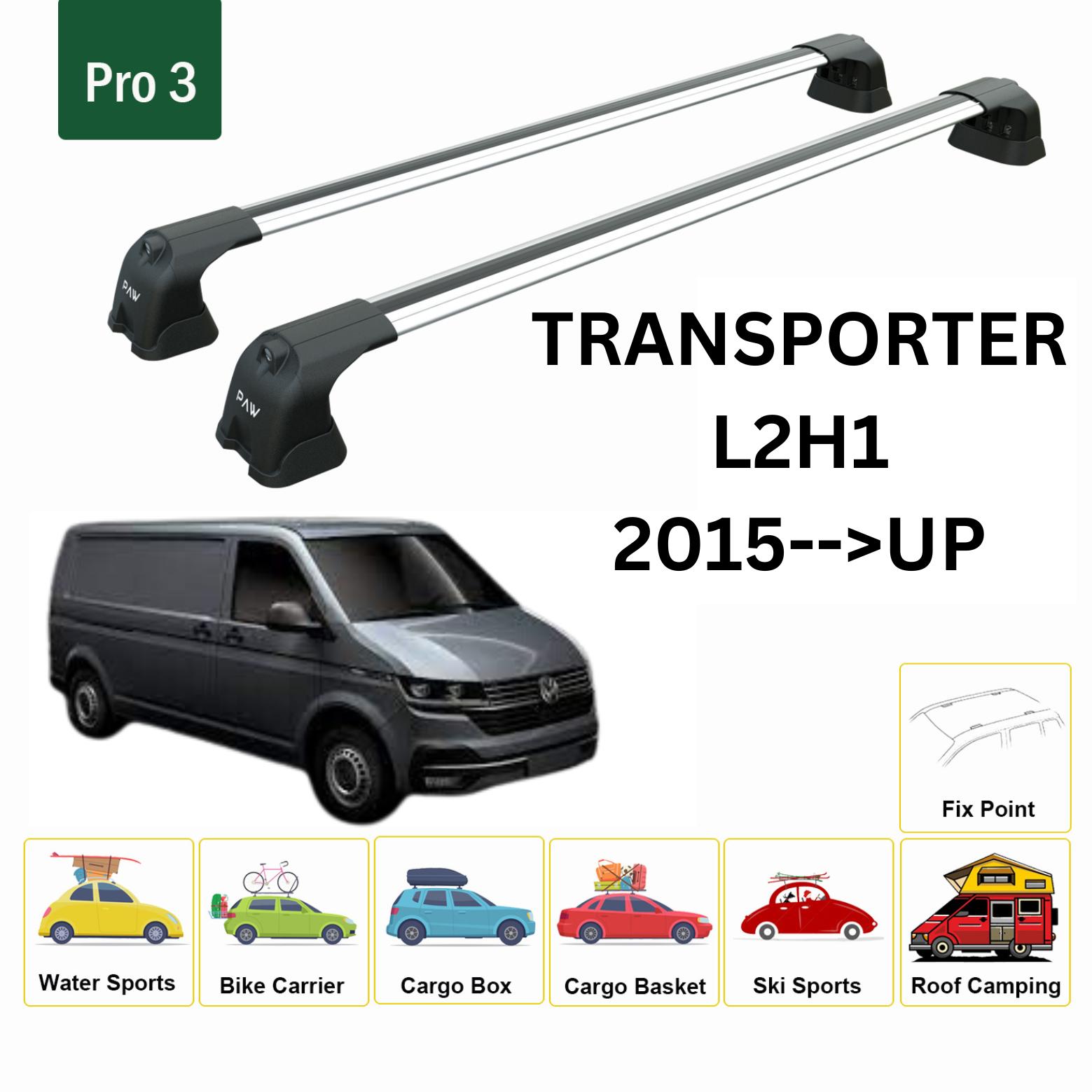 For Volkswagen Transporter T6 2015-Up Roof Rack Cross Bar Fix Point Alu Silver - 0