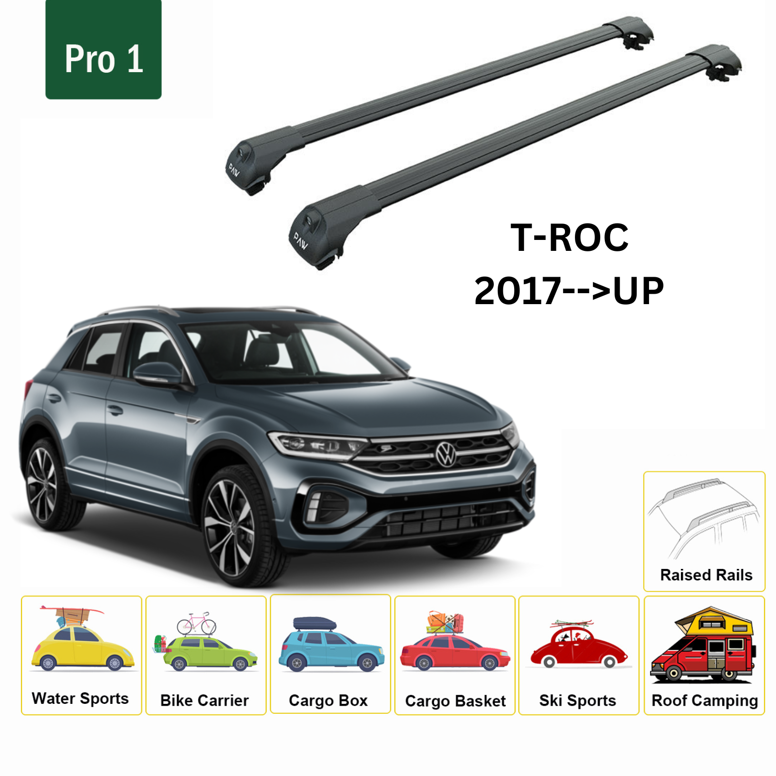 For Volkswagen T-Roc 2017-Up Roof Rack Cross Bar Raised Rail Alu Black - 0