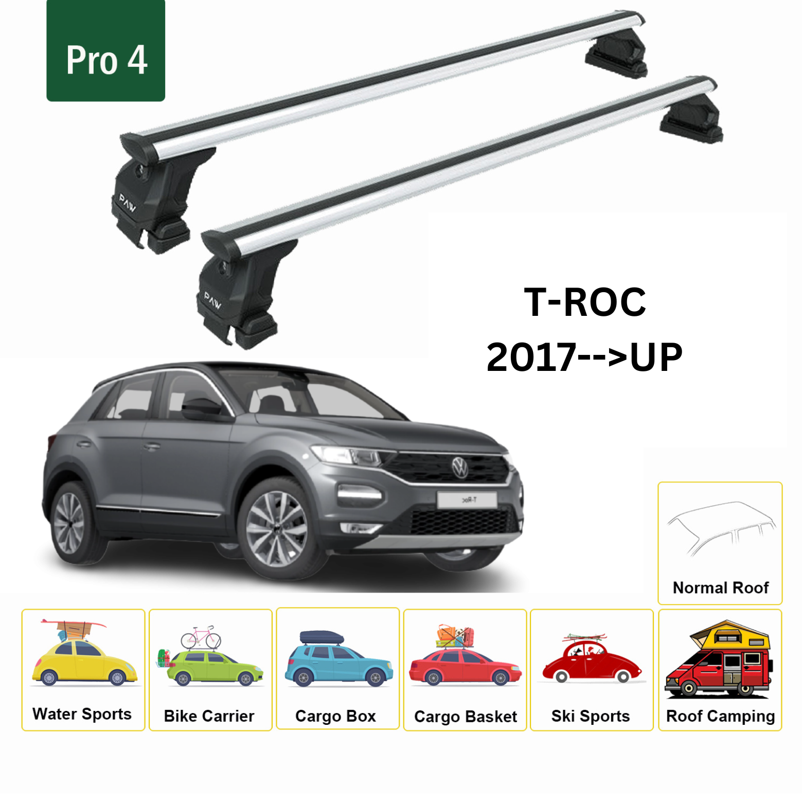 Für Volkswagen T-Roc 2017-Up Dachträger Querstange Metallhalterung Normales Dach Alu Silber - 0