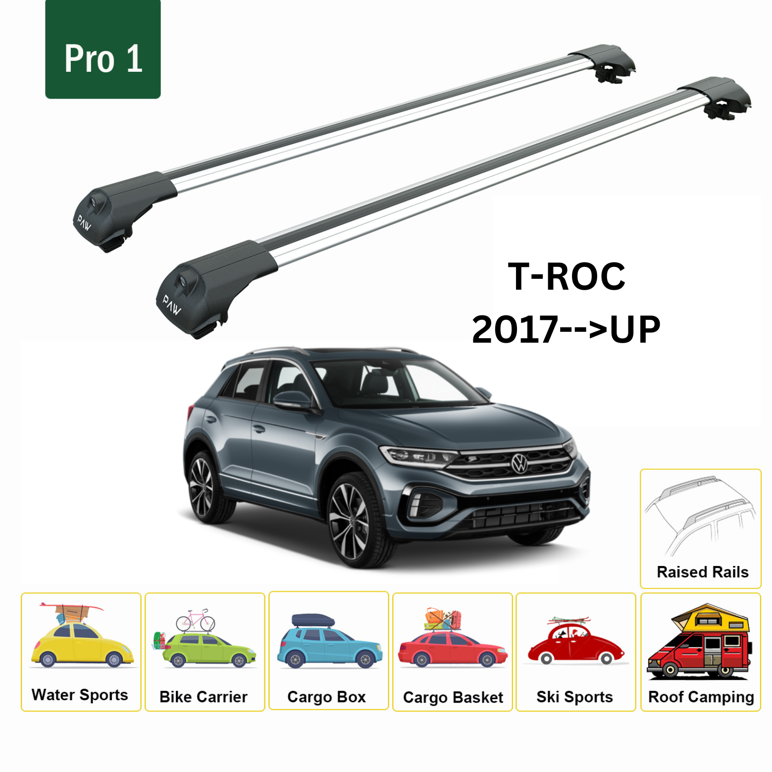 For Volkswagen T-Roc 2017-Up Roof Rack Cross Bar Raised Rail Alu Silver - 0
