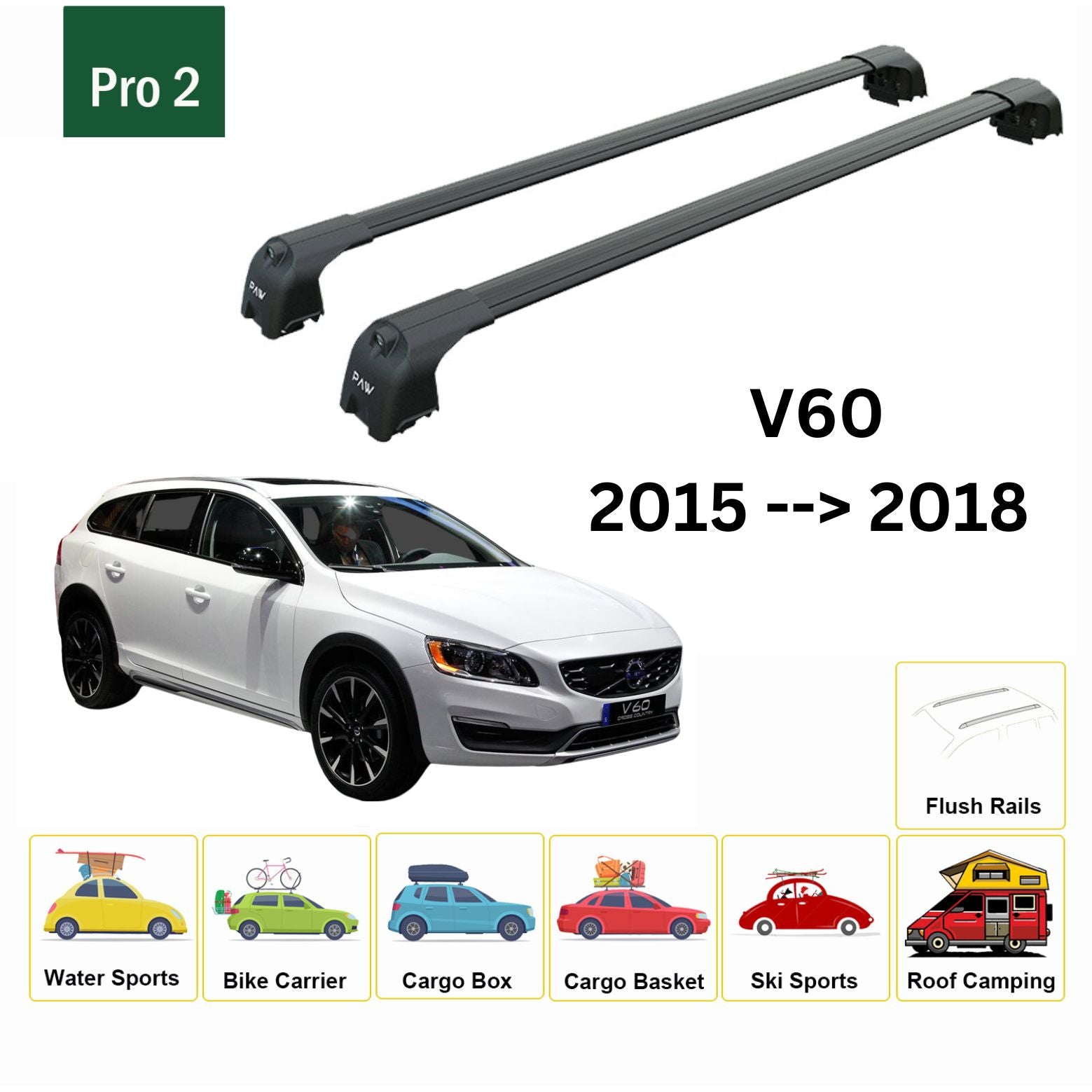 Für Volvo V60 Cross Country 2015–18, Dachträger, Querstange, Metallhalterung, bündige Schiene, Schwarz - 0