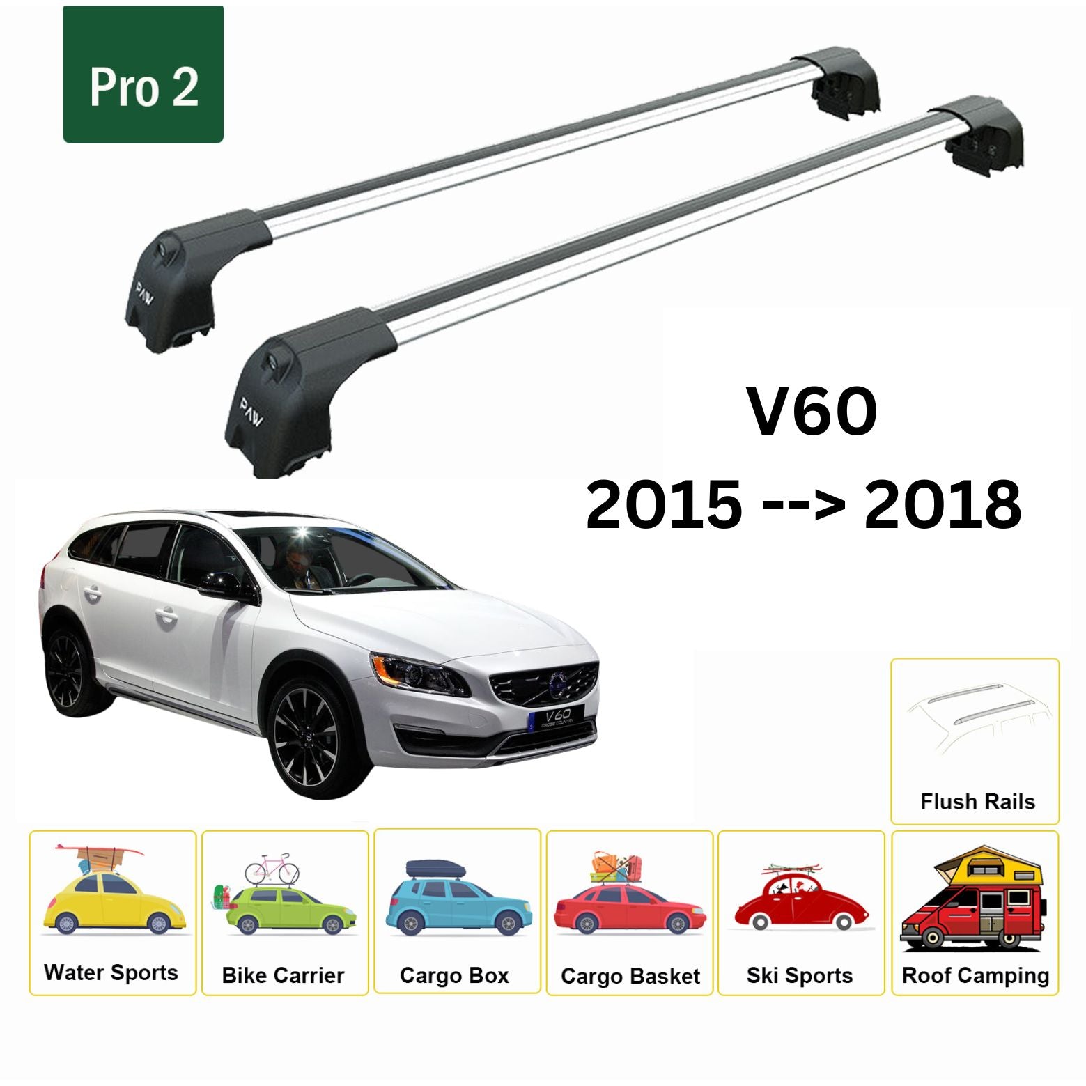 Für Volvo V60 Cross Country 2015–18 Dachträger, Querstange, Metallhalterung, bündige Schiene, Silber