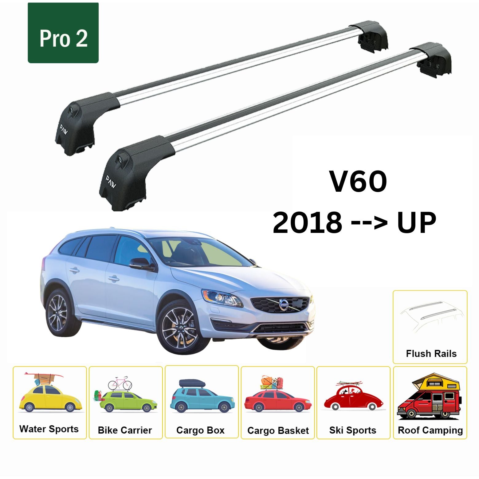 Für Volvo V60 Cross Country ab 2018, Dachträger, Querstange, Metallhalterung, bündige Schiene, Silber