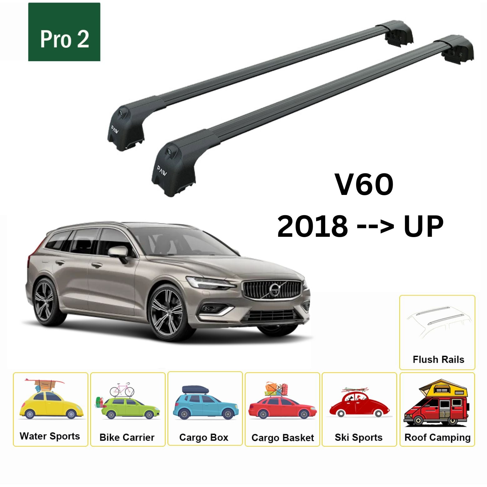 For Volvo V60 Estate 2018-Up  Roof Rack Cross Bar Metal Bracket Flush Rail Alu Black-2