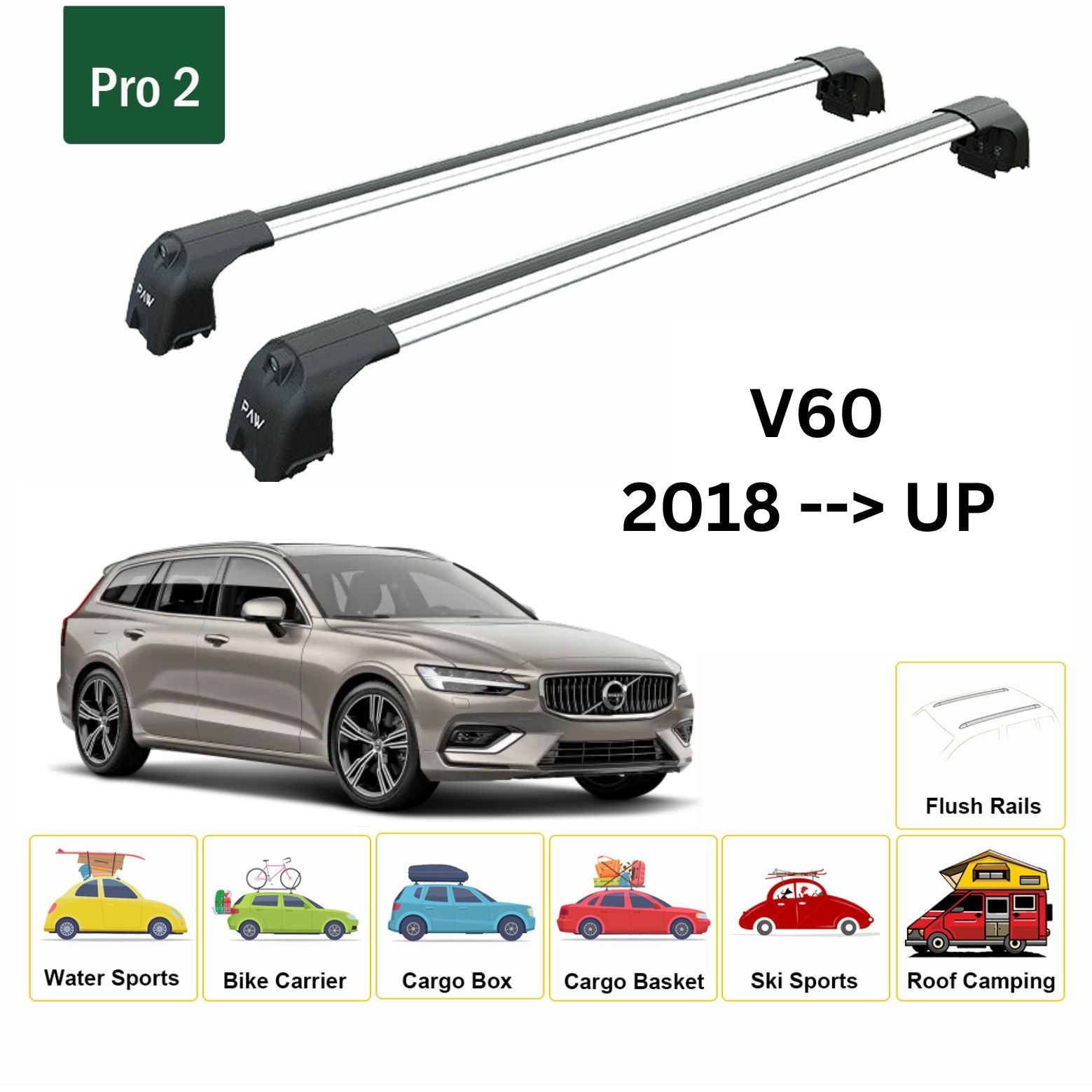 For Volvo V60 Estate 2018-Up  Roof Rack Cross Bar Metal Bracket Flush Rail Alu Silver