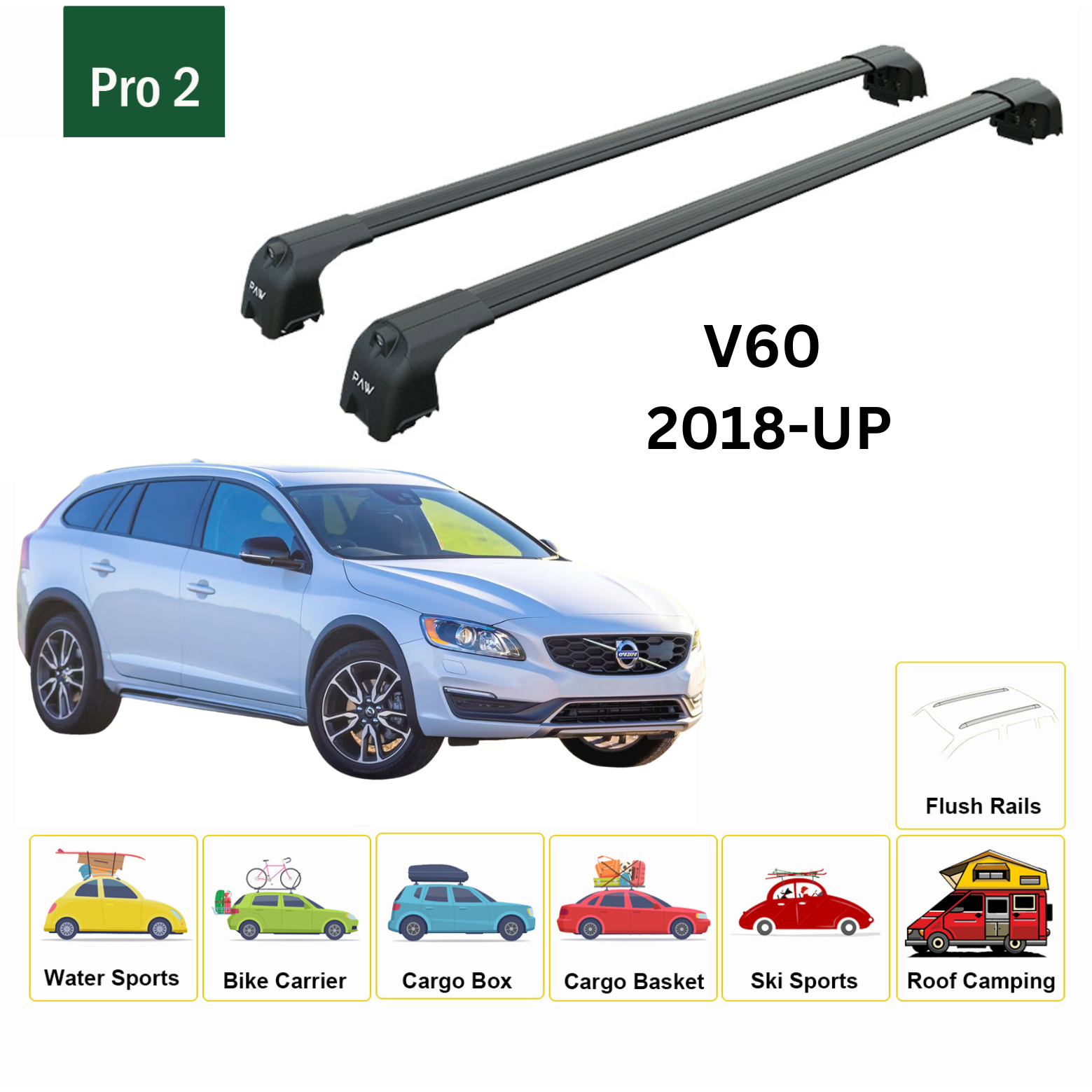 Für Volvo V60 Cross Country ab 2018, Dachträger, Querstange, Metallhalterung, bündige Schiene, Schwarz