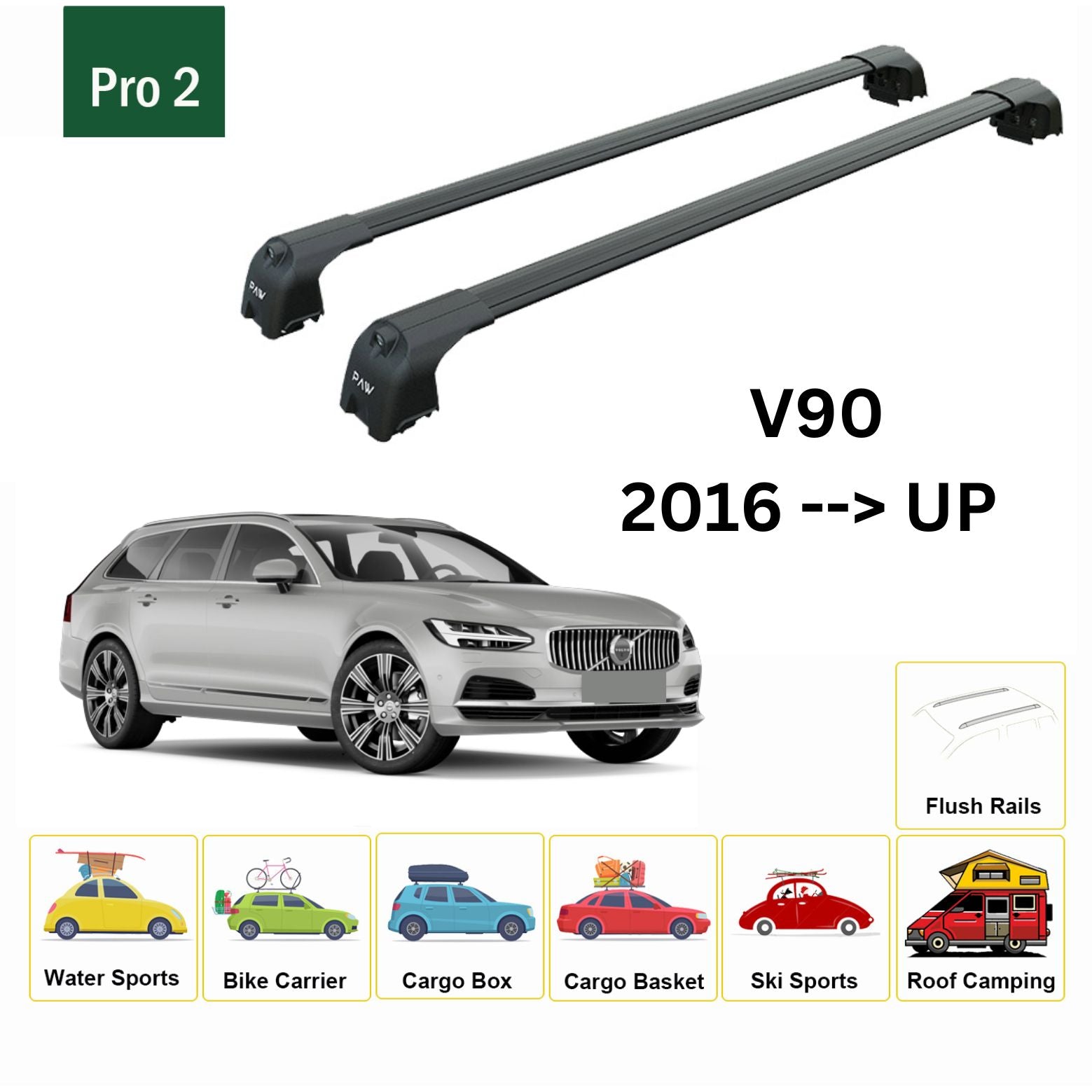 For Volvo V90 2016-Up Roof Rack Cross Bar Flush Rail Alu Black