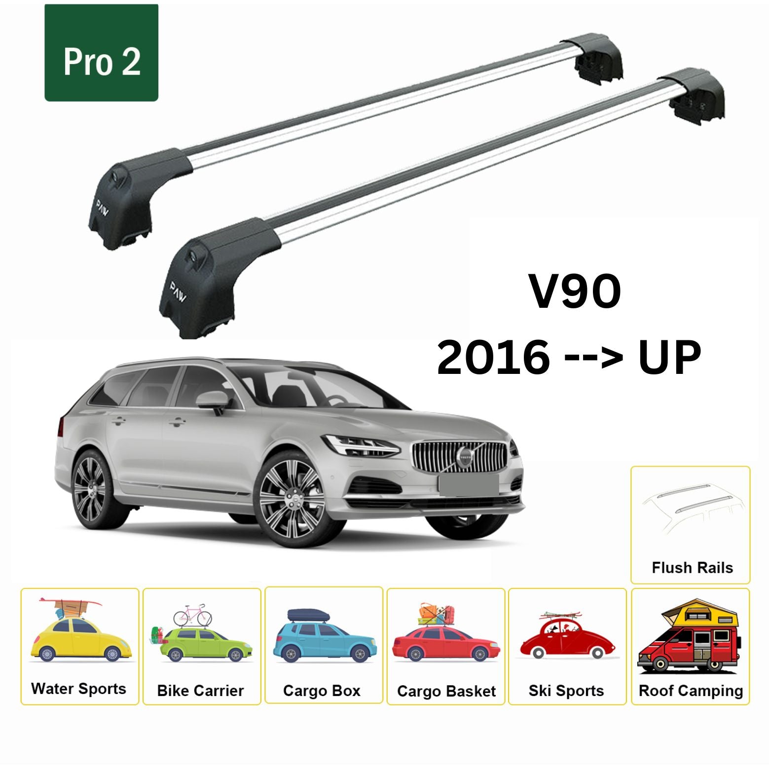 For Volvo V90 2016-Up Roof Rack Cross Bar Flush Rail Alu Silver