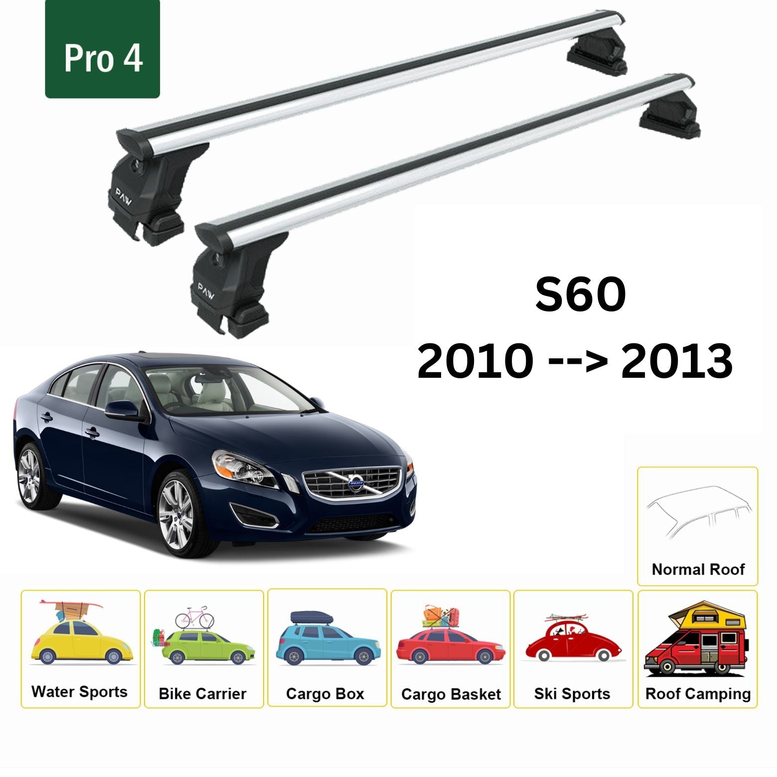 For Volvo S60 2010-13 Roof Rack Cross Bar Normal Roof Alu Silver - 0
