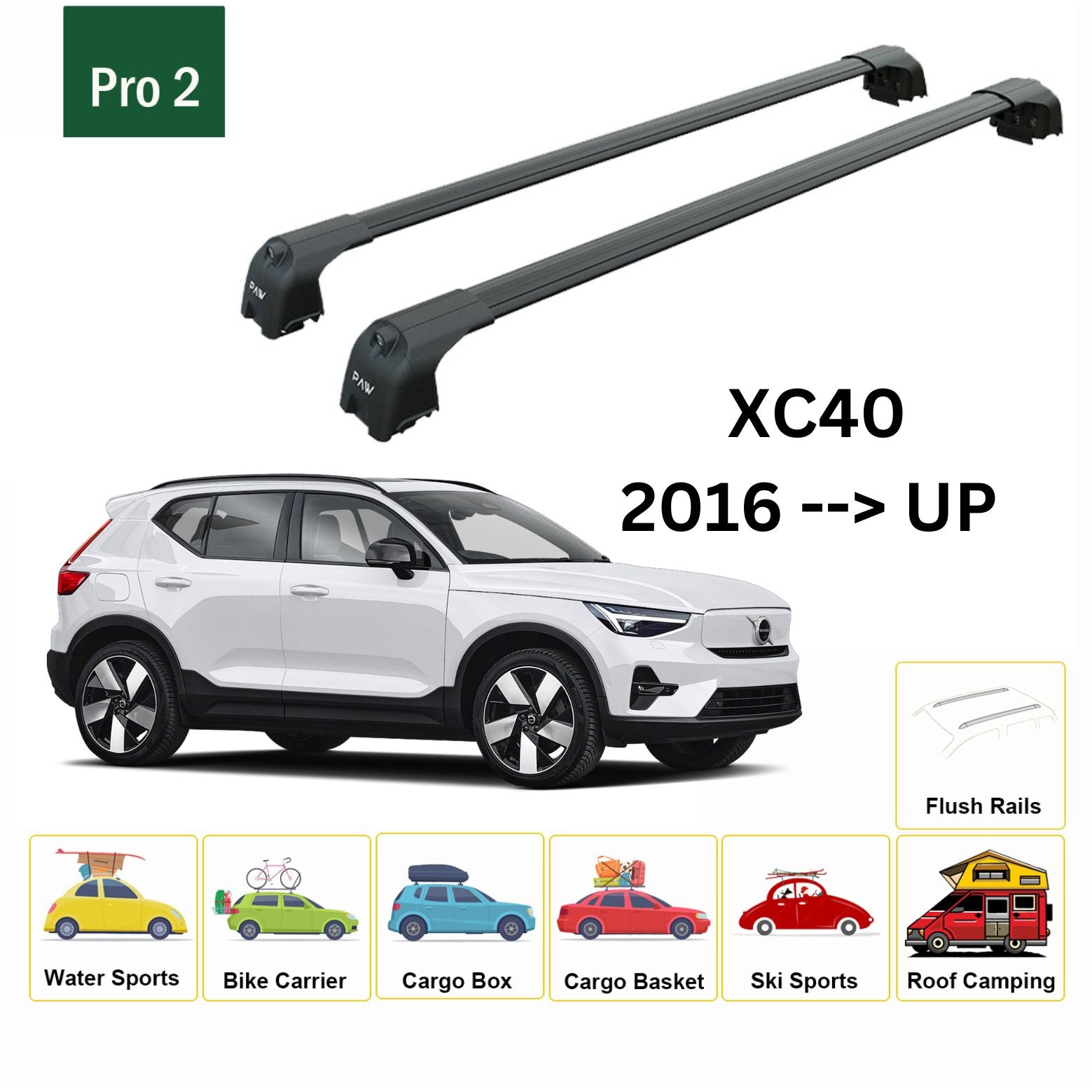For Volvo XC40 2016-Up Roof Rack Cross Bar Flush Rail Alu Black