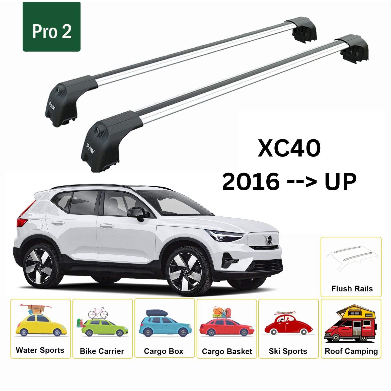 For Volvo XC40 2016-Up Roof Rack Cross Bar Flush Rail Alu Silver