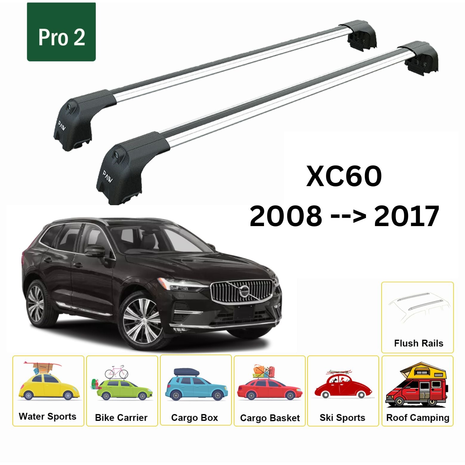 For Volvo XC60 2017-Up Roof Rack Cross Bar Flush Rail Alu  Silver - 0