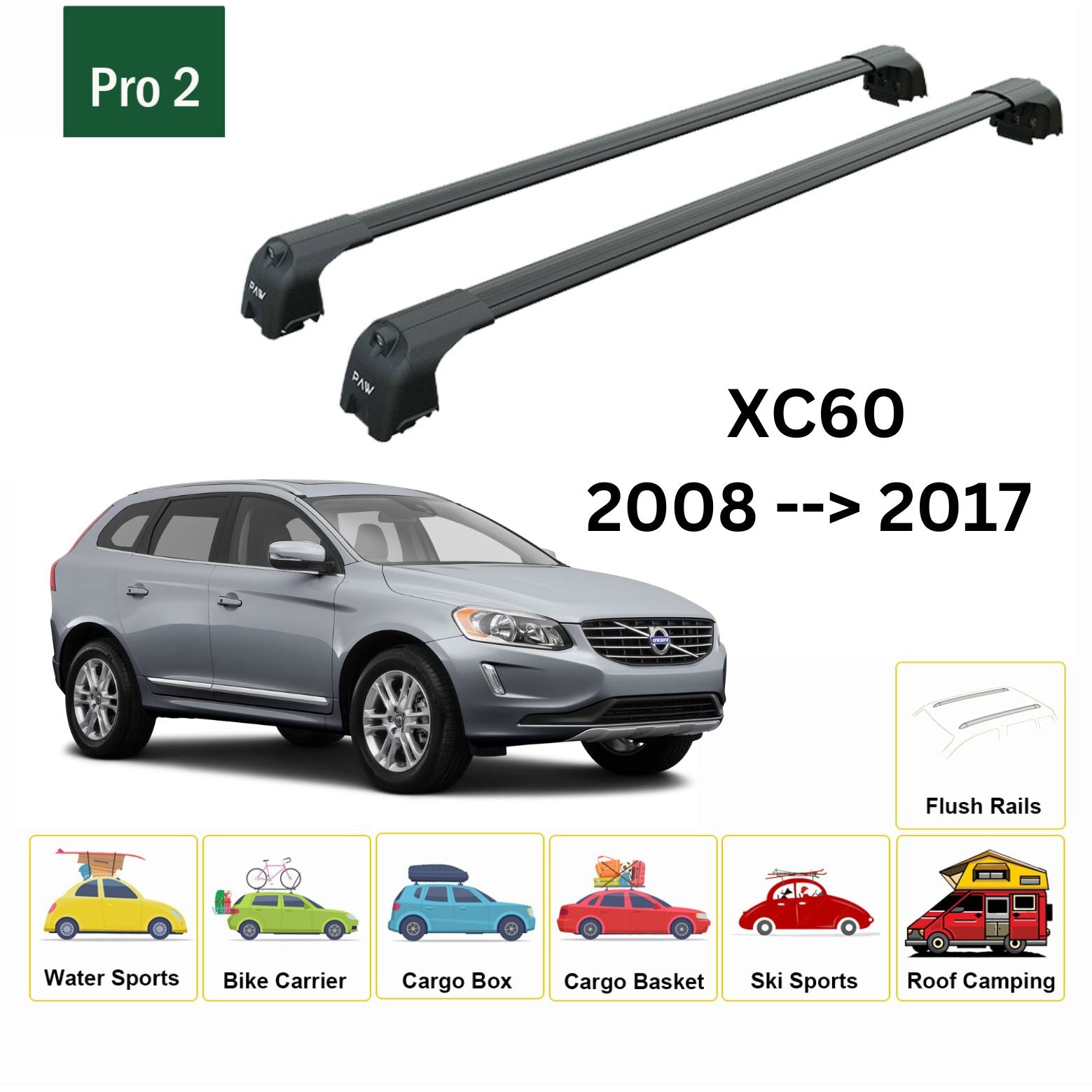 Für Volvo XC60 2008–17 Dachträger, Querträger, Metallhalterung, bündige Schiene, Alu, Schwarz
