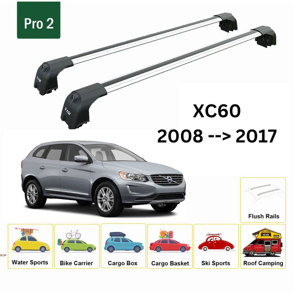 For Volvo XC60 2008-2017 Roof Rack Cross Bar Flush Rail Alu Silver