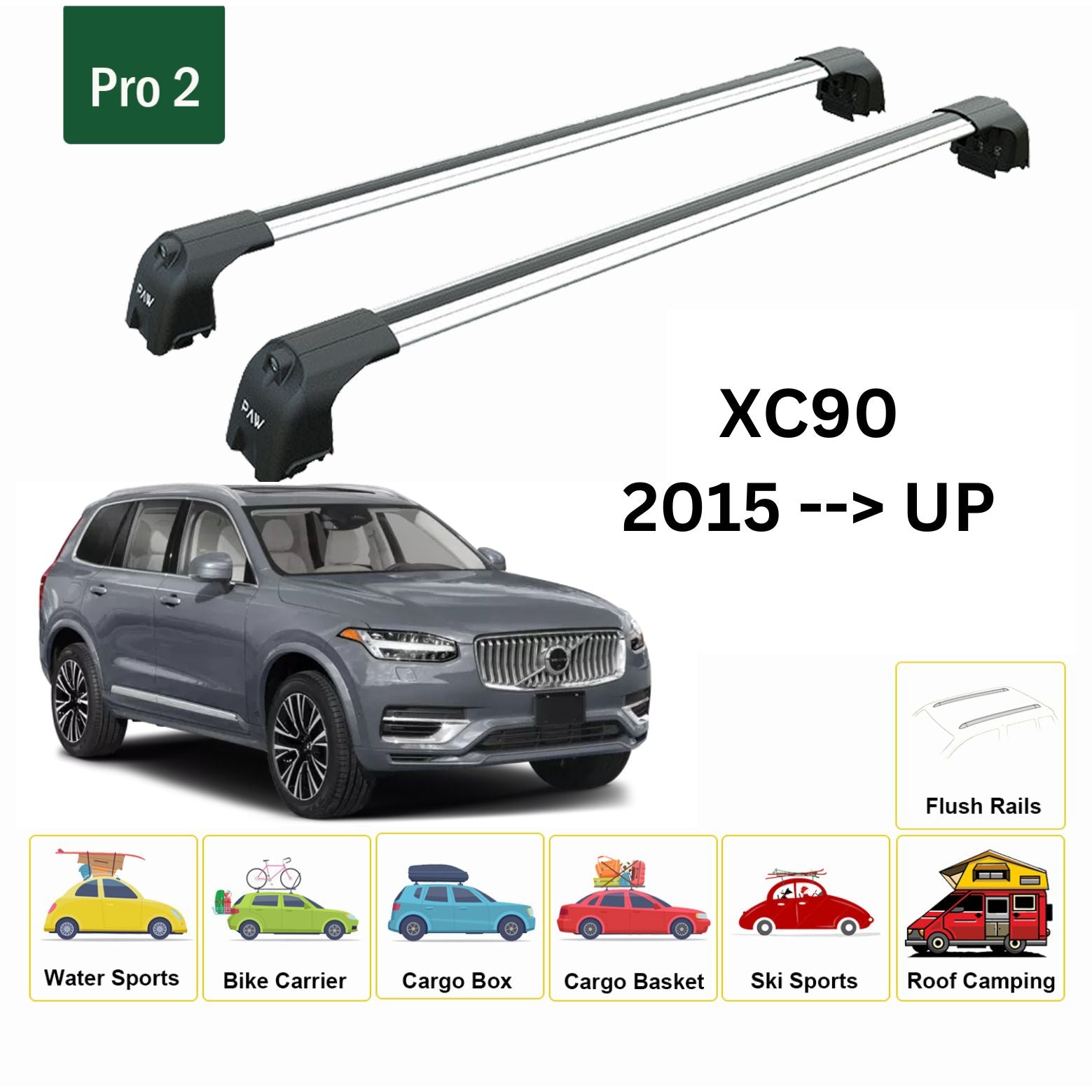 Für Volvo XC90 2015-Up Dachträger Querstange Metallhalterung Flush Rail Alu Silber - 0