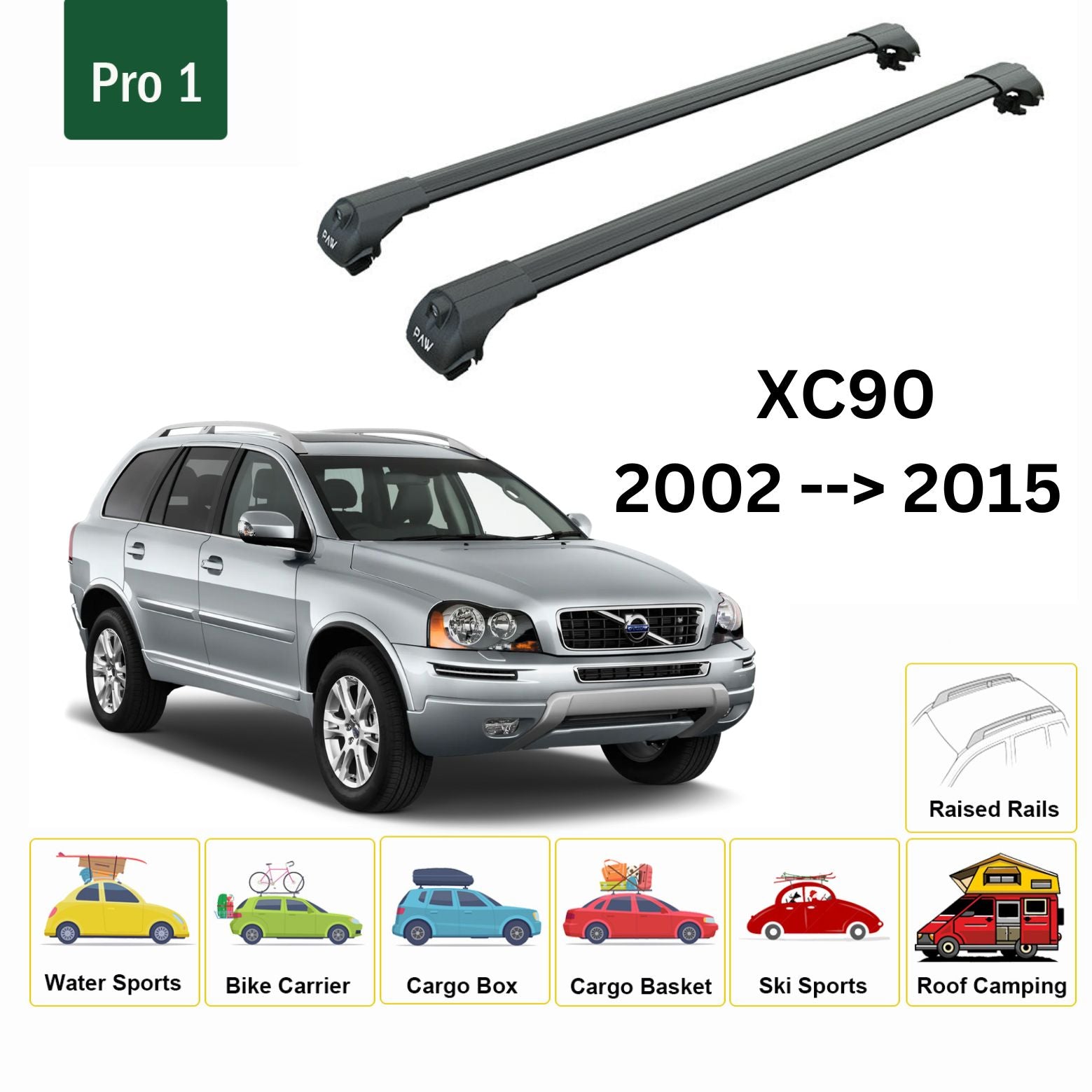 Für Volvo XC90 2002–15, Dachträger, Querträger, Metallhalterung, erhöhte Schiene, Alu, Schwarz - 0