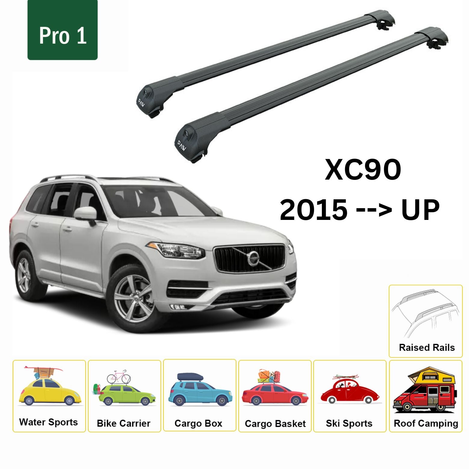 For Volvo XC90 2015-Up  Roof Rack Cross Bar Raised Rail Black - 0
