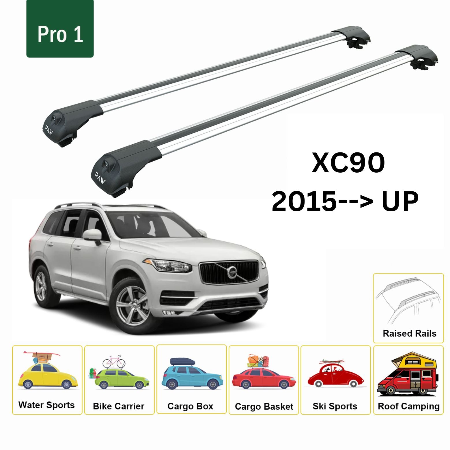 For Volvo XC90 2015-Up  Roof Rack Cross Bar Metal Bracket Raised Rail Silver-2