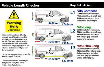 Vehicle Length Checker diagram for PAW Vito models with measurements and warnings.