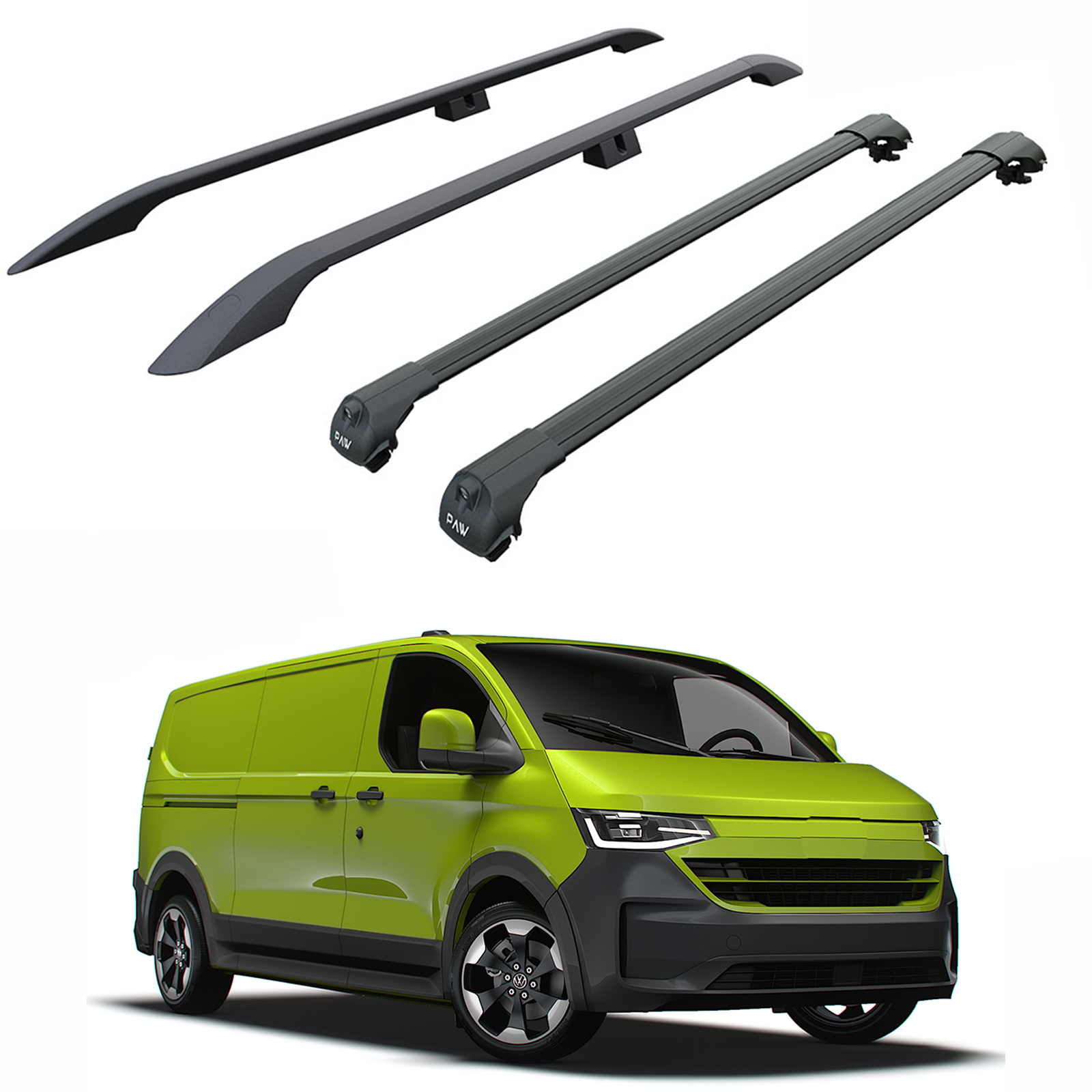 For Volkswagen Transporter T7 LWB (2024-2025) Roof Side Rails & Roof Rack Cross Bar Set – Black