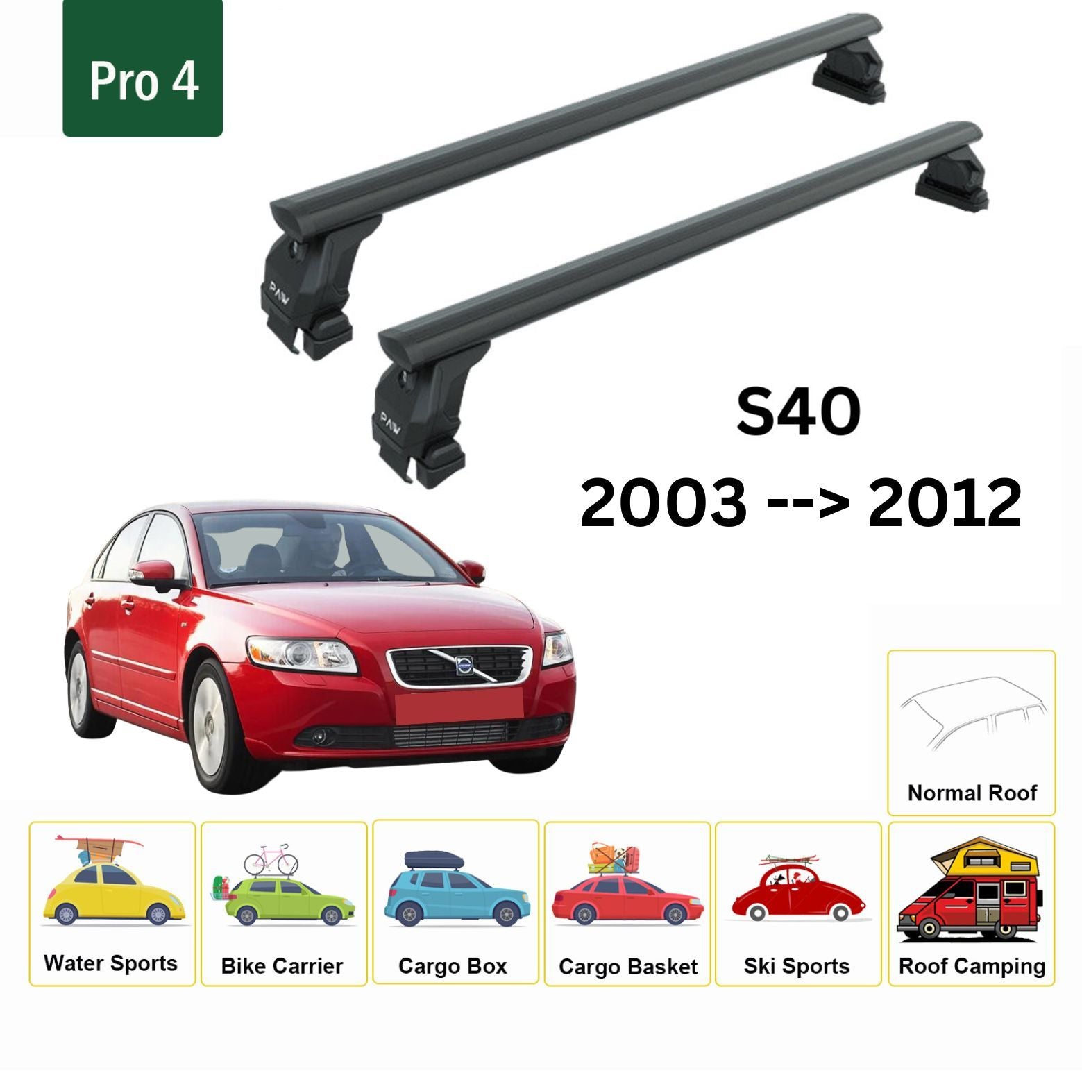 Für Volvo S40 2003–12 Dachträger Querträger Metallhalterung Normales Dach Alu Schwarz - 0