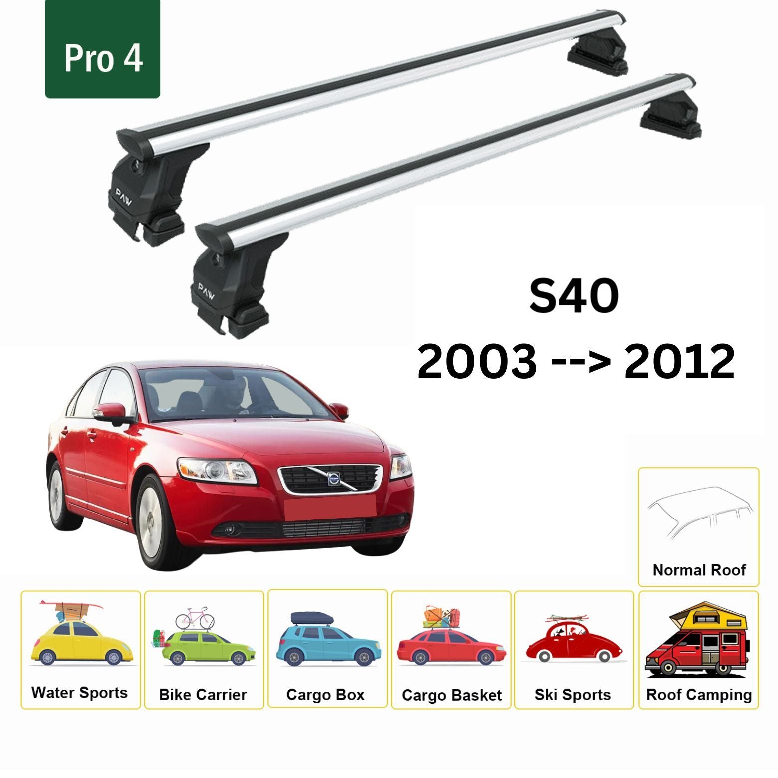 Für Volvo S40 2003–12 Dachträger Querträger Metallhalterung Normales Dach Alu Silber - 0