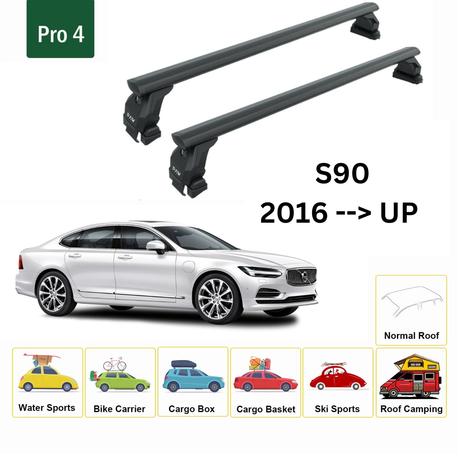Für Volvo S90 2016- Up Dachträger Querstange Metallhalterung Normales Dach Alu Silber - 0