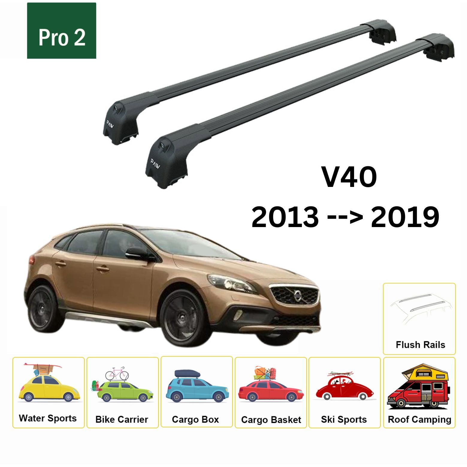 For Volvo V40 2013-19 Roof Rack Cross Bar Metal Bracket Flush Rail Alu Black - 0