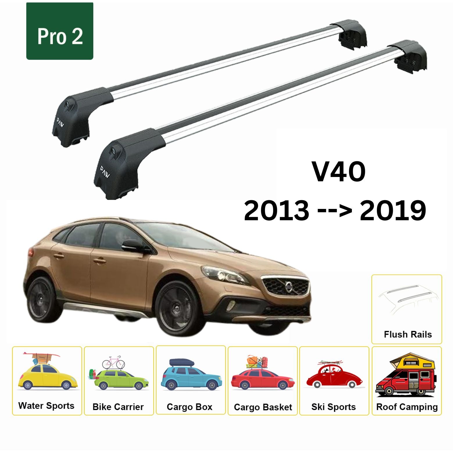 Für Volvo V40 2013–19 Dachträger, Querträger, Metallhalterung, bündige Schiene, Alu, Silber